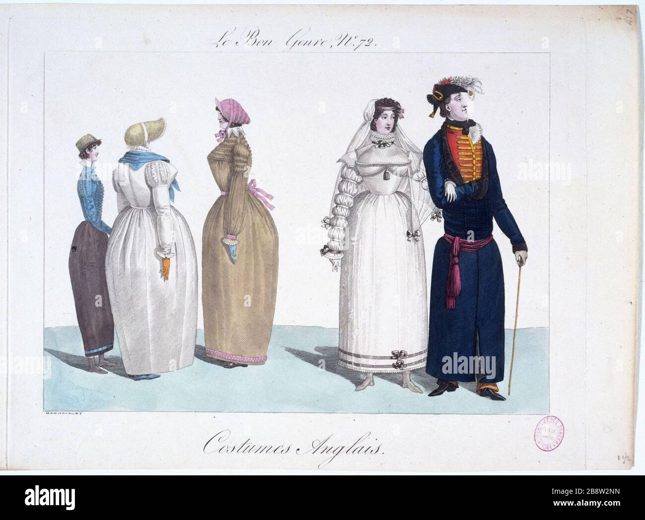 GUTES GESCHLECHT AUSGABE 72 - KOSTÜME ENGLISCH "Le Bon Genre numéro 72, 1814 - Kostüme anglais". Tiefdruck. Paris, musée Carnavalet. Stockfoto