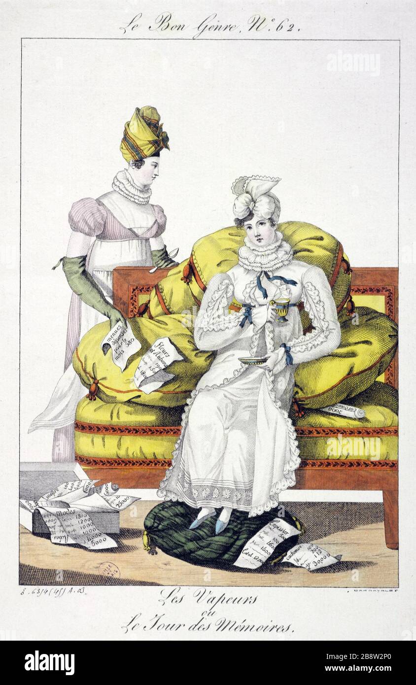 GUTES GESCHLECHT AUSGABE 62 - VAPOR OR OR DAY MEMORIES, "Le Bon Genre numéro 62 - les vapeurs ou le jour des mémoires, 1813". Tiefdruck. Paris, musée Carnavalet. Stockfoto