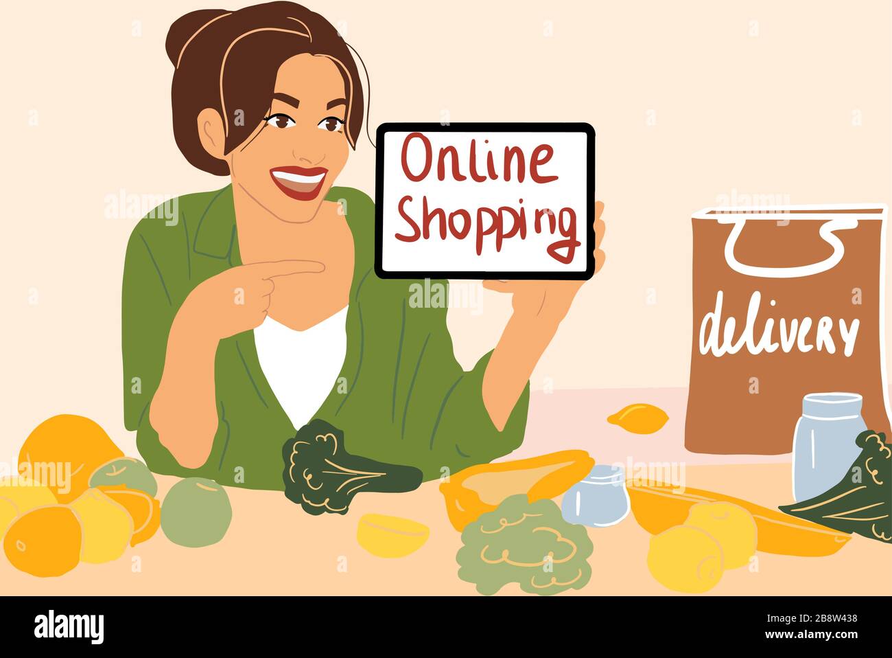 Porträt einer glücklichen Frau, die online frische Lebensmittel einkauft. E-Commerce- und Lieferkonzept. Farbenfrohe Vektorgrafiken im flachen Cartoon-Stil Stock Vektor