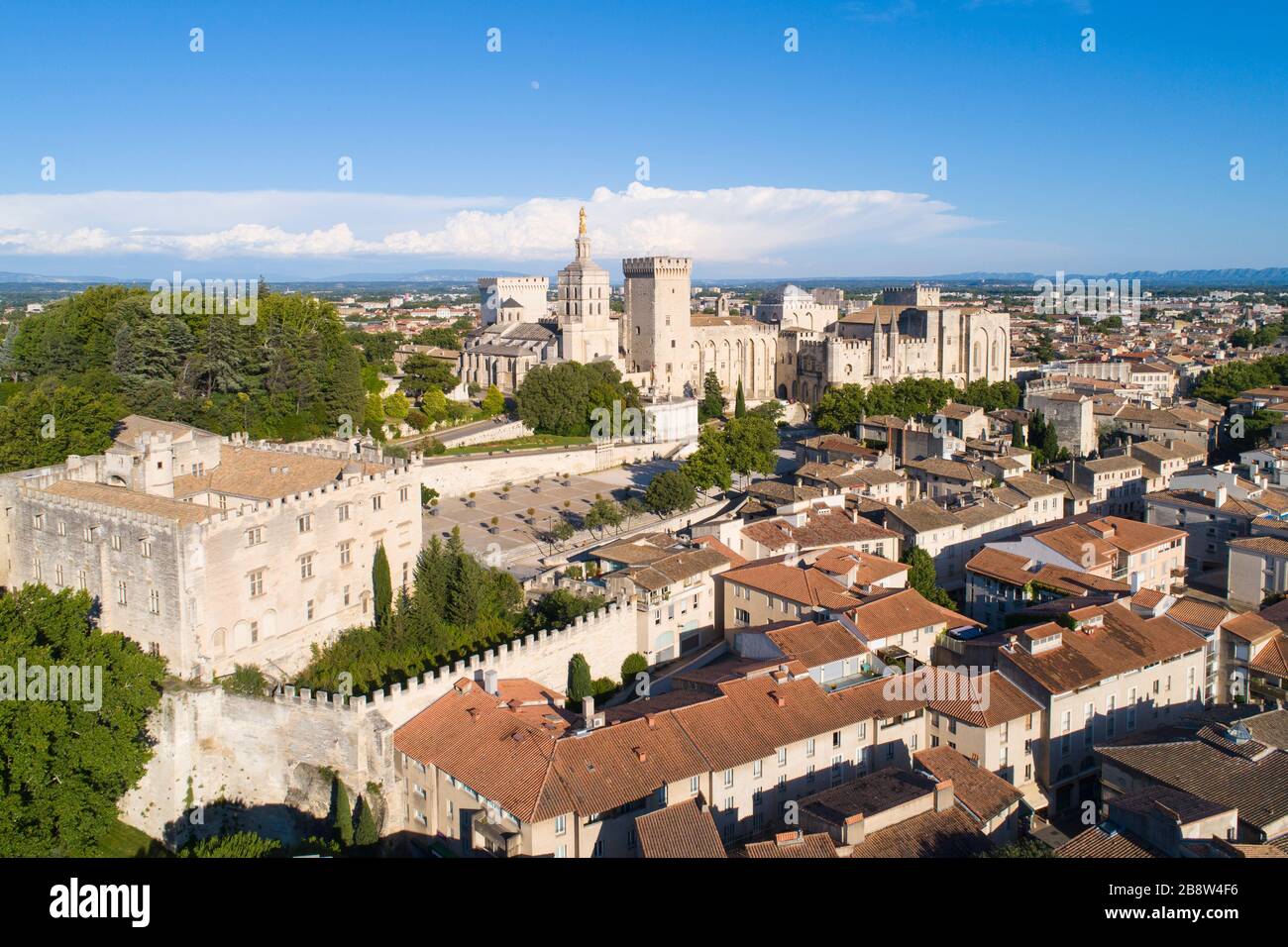 Luftaufnahme des Papstpalastes von Avignon (Palais des Papes) und der Brücke von Avignon (Pont d'Avignon oder Pont St-Bénézet), die von UNE als Weltkulturerbe aufgeführt ist Stockfoto