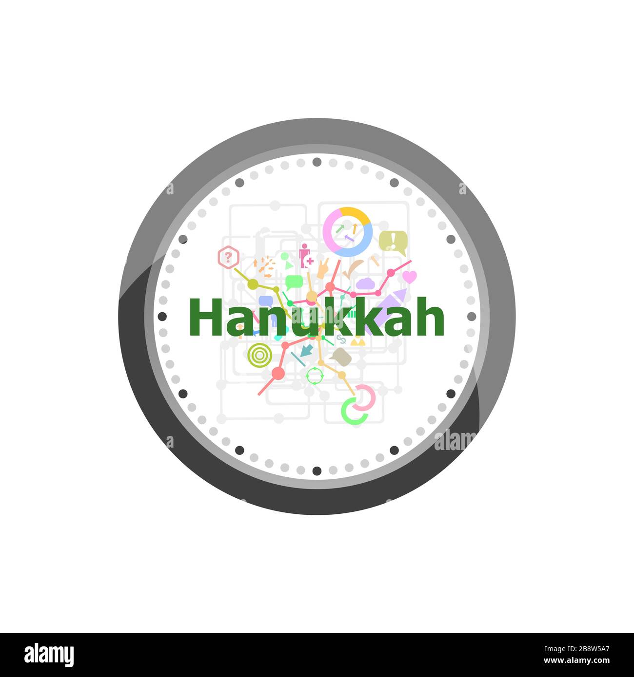 Text Hanukkah auf digitalem Hintergrund. Urlaubskonzept . Set mit modernen Designsymbolen für das Internetmarketing. Uhr isoliert auf weißem Backgrot Stockfoto