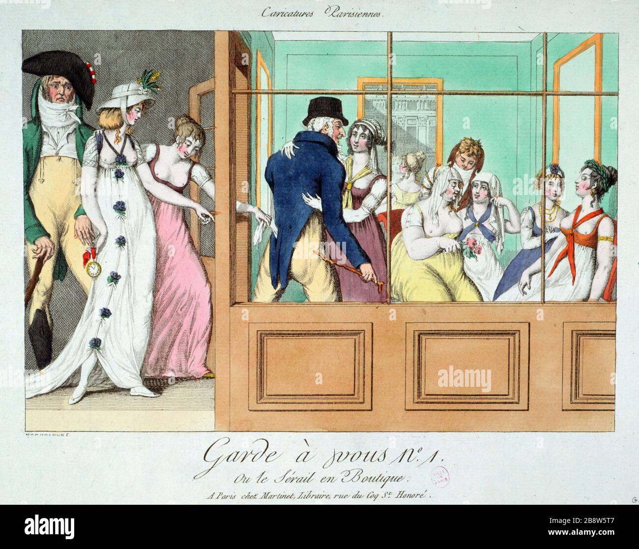 CARTOONS PARISIENNEN: WARNUNG AN SIE ODER NUMMER 1 IM SHOP SERAIL 'Karikaturen parisiennen : Garde à vous numéro 1 ou le sérail en Boutique'. Estampe anonyme, chez Martinet. Paris, musée Carnavalet. Stockfoto