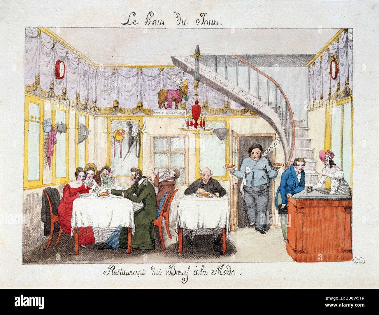 DER GESCHMACK DES TAGES: BEEF RESTAURANT ZUR MODE "Le goût du jour: Restaurant du Boeuf à la Mode". Tiefdruck. Paris, musée Carnavalet. Stockfoto