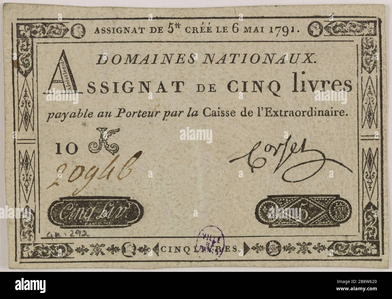 Assignat 5 Pfund Nr. 10E-20948, 1701 (Dummy-Titel). Autorité émettrice et Nicolas-Marie Gatteaux (1751-1832) et Corsel, signataire. Assignat de 5 livres n. 10E-20948, 1701. Typographie, encre. Paris, musée Carnavalet. Stockfoto