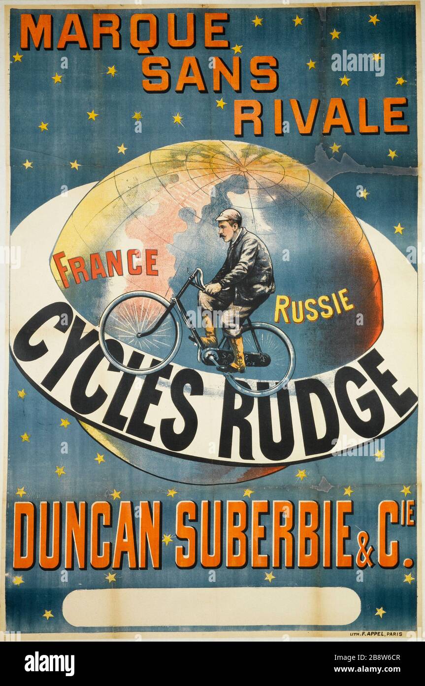 FRANKREICH RUSSISCHE ZYKLEN RUDGE, DUNCAN SUBERBIE & CIE IMPRIMERIE A. APPEL. "Frankreich Russie, Cycles Rudge, Duncan Suberbie & Cie". Affiche. Lithographie couleur, Ver. Paris, musée Carnavalet. Stockfoto