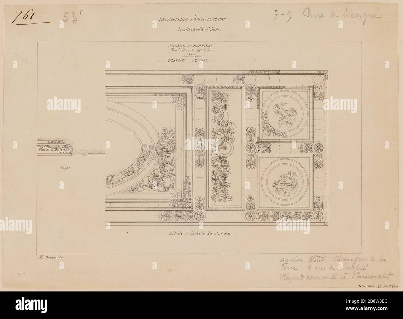 Erklärung und Abschnitt der Details einer Decke vom Hotel Bouthillier Chavigny Stockfoto