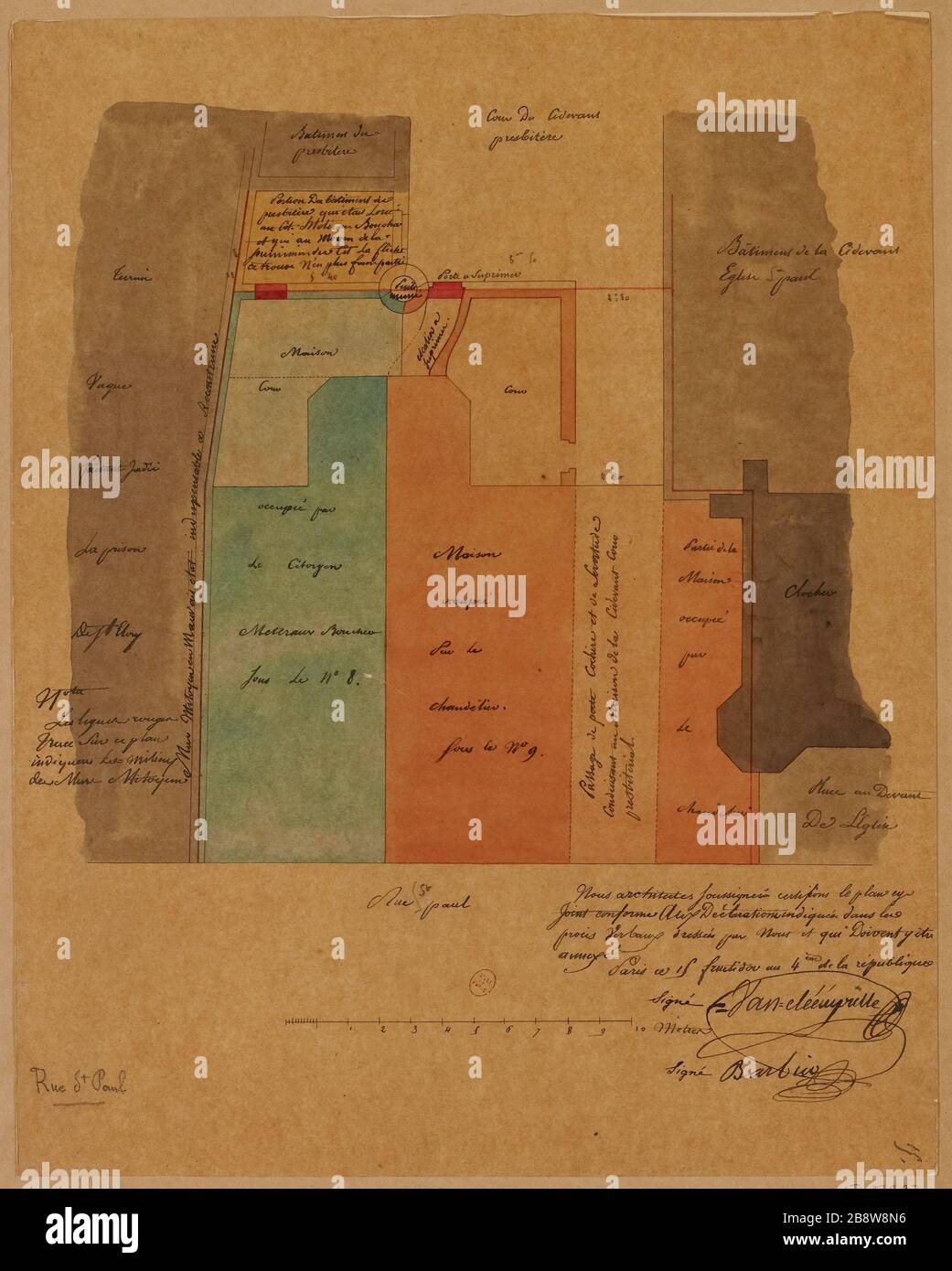 Karte der Häuser, Straße St. Paul, zwischen dem Gefängnis St. Eloi und der Kirche Stockfoto