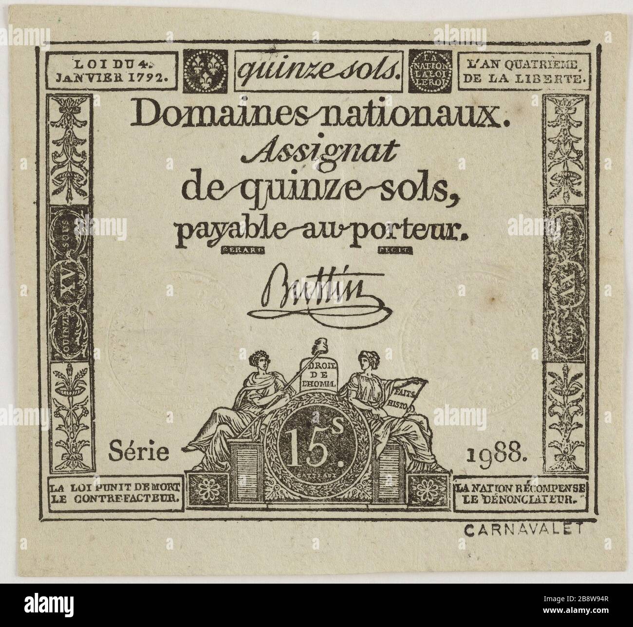 Assignat de 15 Sols, Serie 1988ME, 4. Januar 1792 (Dummy-Titel). Nicolas-Marie Gatteaux (1751-1832), Buttin, Signataire et Jean-Baptiste Gérard. Assignat de 15 Sols, série 1988me, 4 janvier 1792. Typographie, encre. Paris, musée Carnavalet. Stockfoto