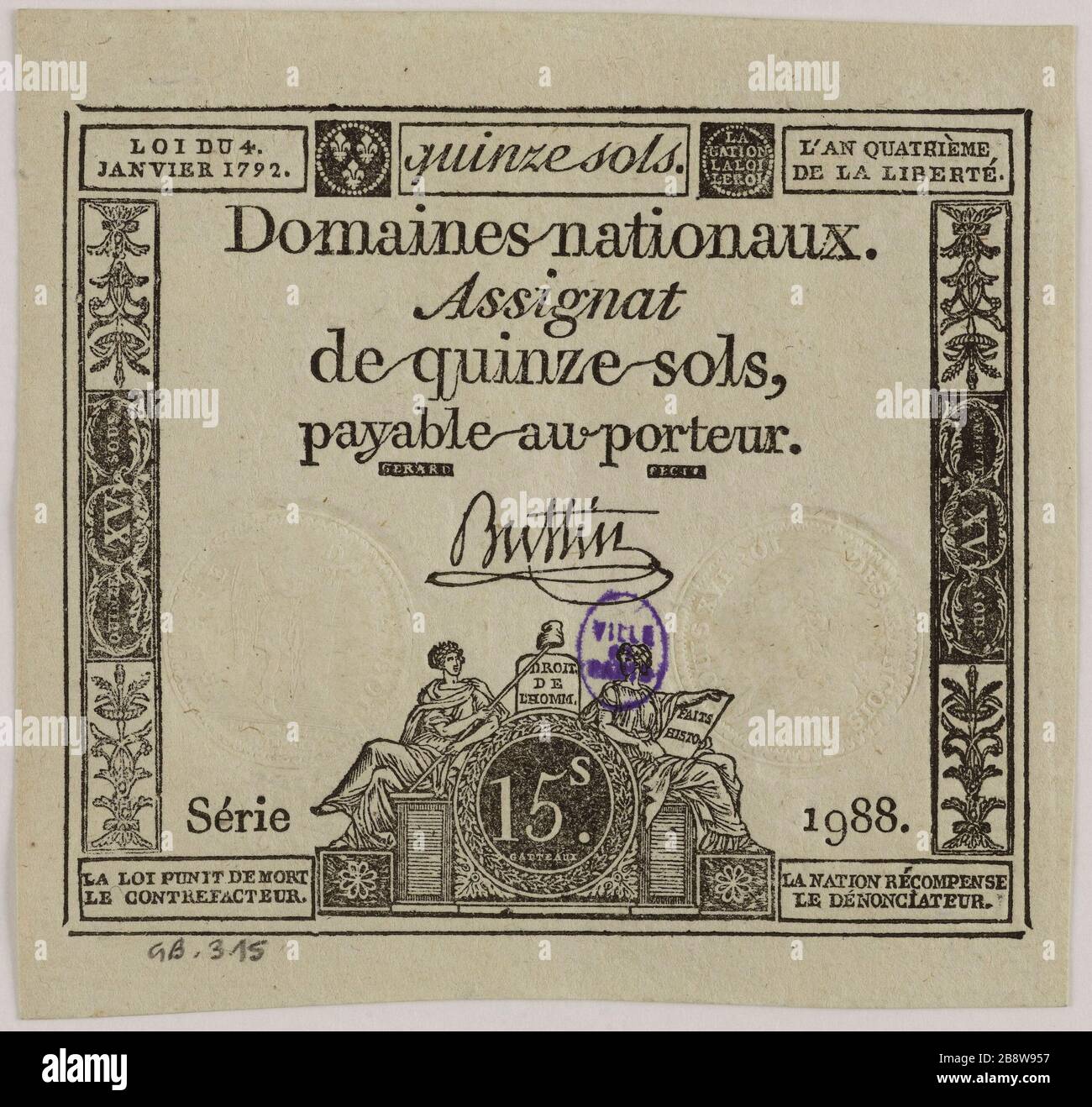 Assignat de 15 Sols, Serie 1988ME, 4. Januar 1792 (Dummy-Titel). Nicolas-Marie Gatteaux (1751-1832), Buttin, Signataire et Jean-Baptiste Gérard. Assignat de 15 Sols, série 1988me, 4 janvier 1792. Typographie, encre. Paris, musée Carnavalet. Stockfoto