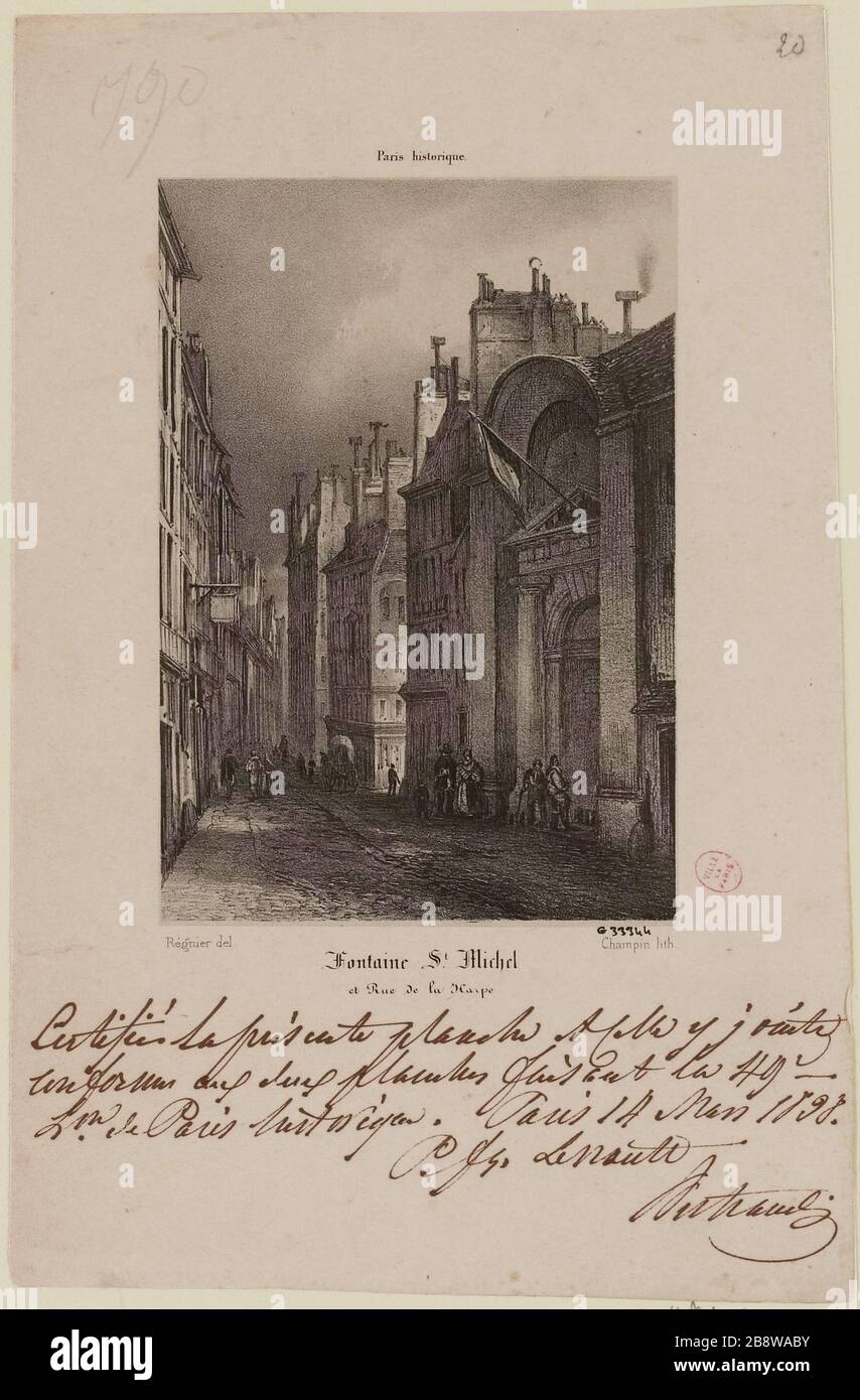Historisches Paris / St. Michel Fontaine / und Rue de la Harpe Stockfoto