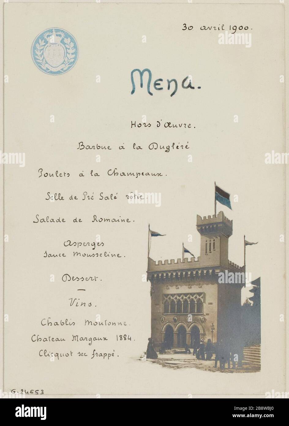 Mittagsmenü des Büros von San Marino, 30. April 1900. Stockfoto