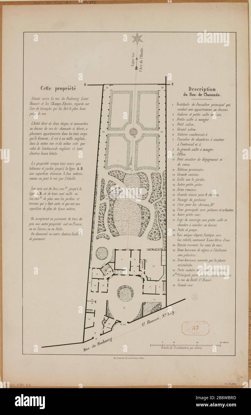 Planen Sie ein Hotel in der 229 Rue du Faubourg Saint-Honore. Stockfoto