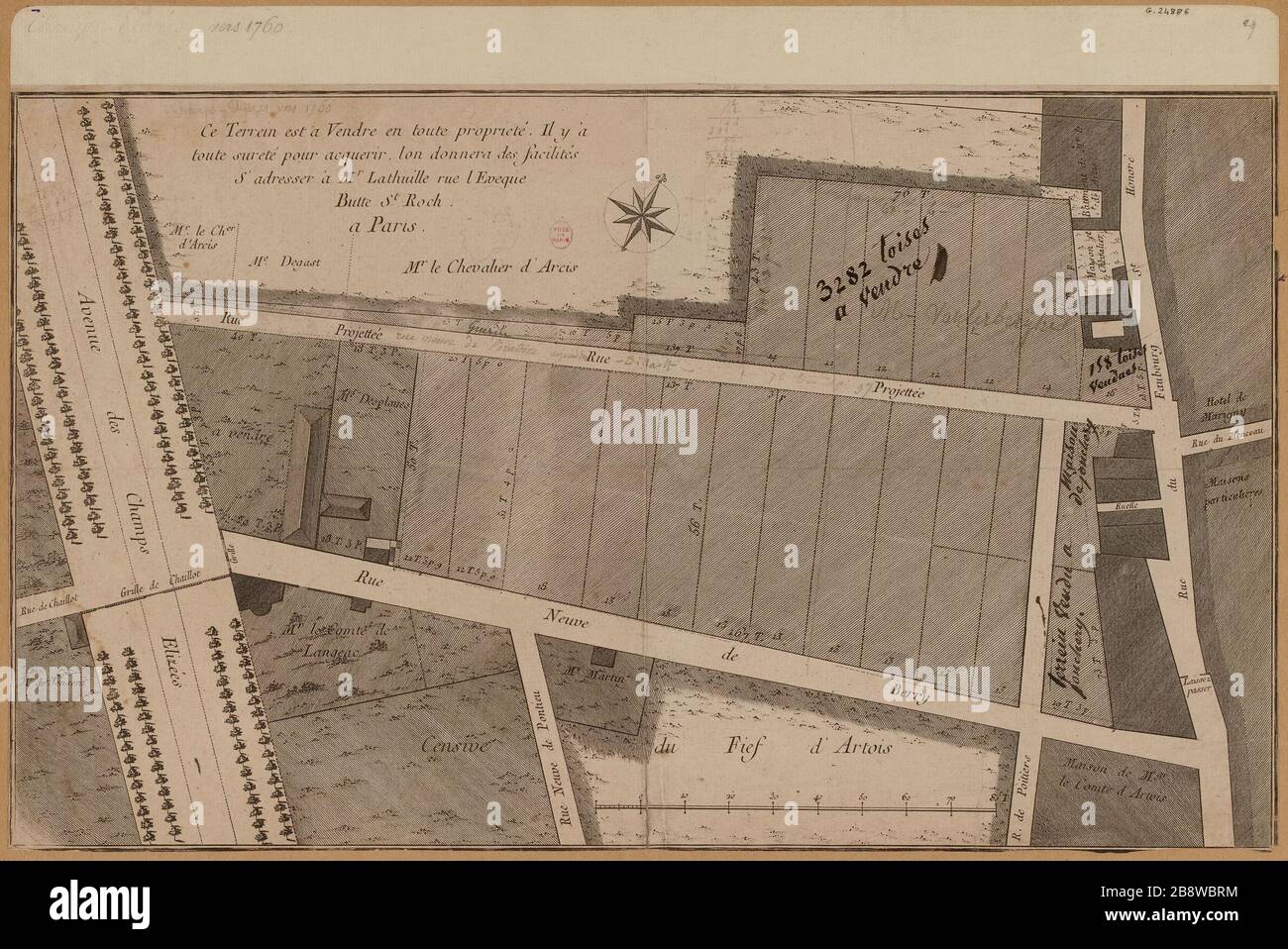 Grundstücksplan zum Verkauf rue du Faubourg Saint-Honore. Stockfoto