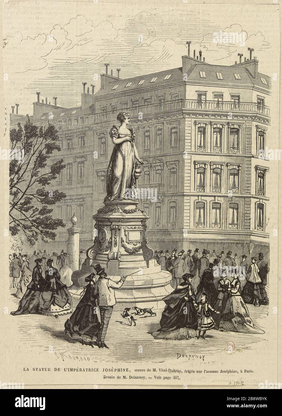 Die von Herrn Vital-Dubray entworfene Statue der Empress Josephine, erbaut an der josephinischen Allee in Paris Ferdinand Delannoy (1822-1887) und Charles Mauran (1824-1904/05), Graveur. La Statue de l'impératrice Joséphine, oeuvre de M. Vital-Dubray, érigée sur l'Avenue Joséphine à Paris. Eau-forte. Paris, musée Carnavalet. Stockfoto