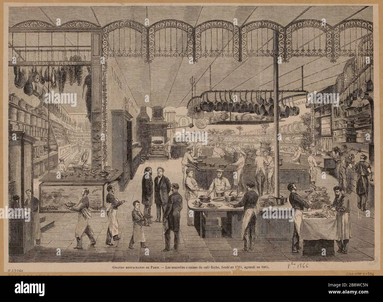 Großartige Restaurants in Paris. - neue Küche des Café Riche, das im Jahre 1865 gegründet wurde, wurde 1865 erweitert. Stockfoto