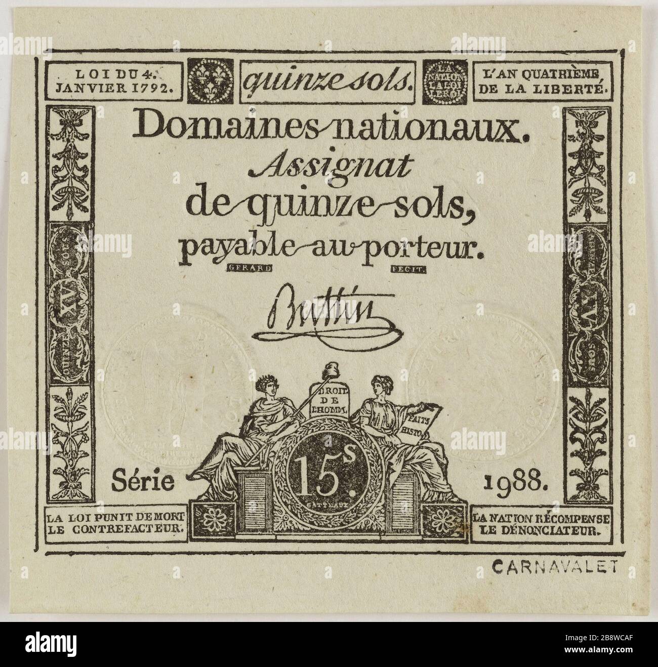 Assignat de 15 Sols, Serie 1988ME, 4. Januar 1792 (Dummy-Titel). Nicolas-Marie Gatteaux (1751-1832), Buttin, Signataire et Jean-Baptiste Gérard. Assignat de 15 Sols, série 1988me, 4 janvier 1792. Typographie, encre. Paris, musée Carnavalet. Stockfoto