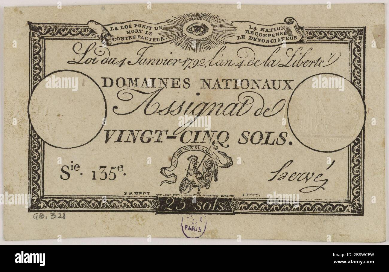 Assignat 25 Soil Series 135ME, 4. Januar 1792 (Dummy Title). Jean-Pierre Droz (1746-1823) et Hervé, signataire. Assignat de 25 Sols, série 135me, 4 janvier 173. Typographie, encre. Paris, musée Carnavalet. Stockfoto