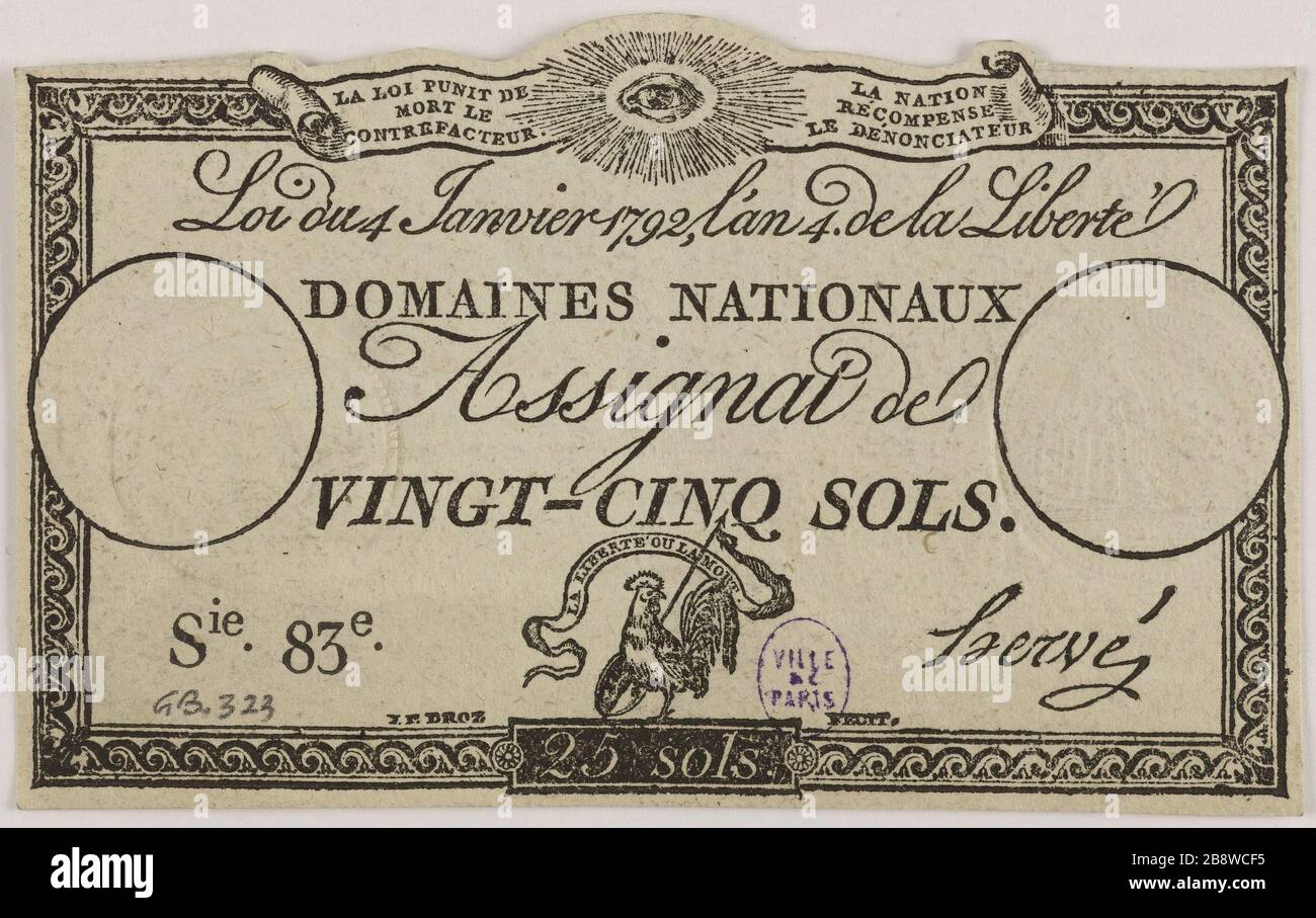 Assignat 25 Soil Series 83ME, 4. Januar 173 (Dummy Title). Jean-Pierre Droz (1746-1823) et Hervé, signataire. Assignat de 25 Sols, série 83me, 4 janvier 1792. Typographie, encre. Paris, musée Carnavalet. Stockfoto