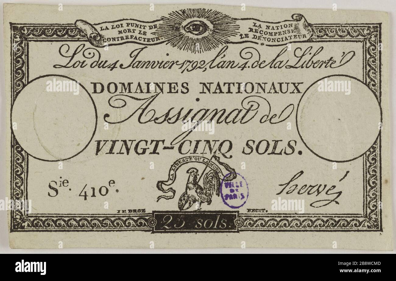 Assignat 25 Soil Series 410ME, 4. Januar 1792 (Dummy Title). Jean-Pierre Droz (1746-1823) et Hervé, signataire. Assignat de 25 Sols, série 410me, 4 janvier 173. Typographie, encre. Paris, musée Carnavalet. Stockfoto