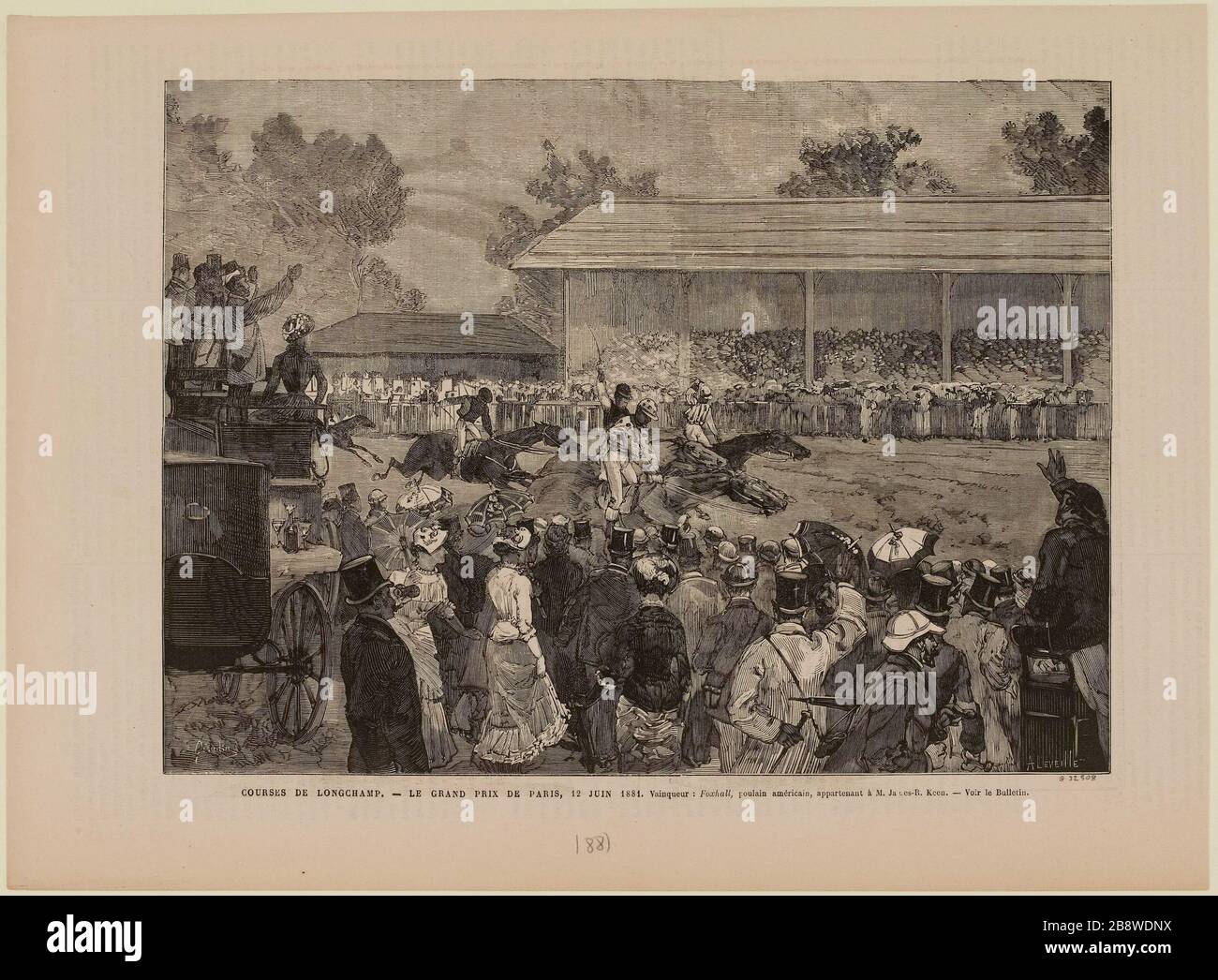 Longchamp-Rennen. - der Grand Prix de Paris, 12. Juni 1881. Gewinner: Foxhall, American Colt, im Besitz von James-R. Scharf. Stockfoto