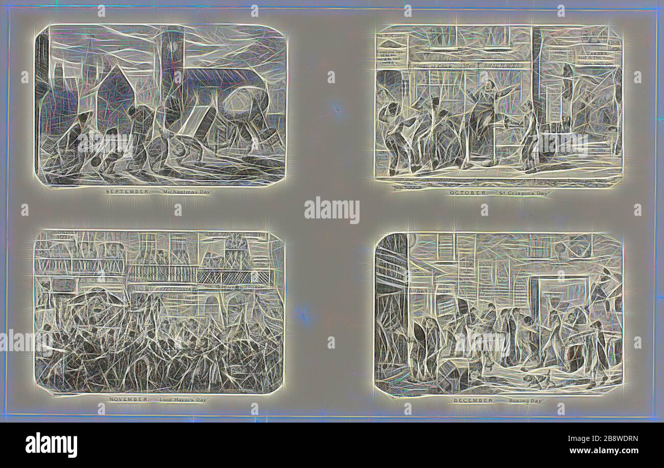 September - Michaelmas Day von George Cruikshanks Stahlradierungen zu den Comic Almanacks: 1835-1853 (oben links), 1836-1834, gedruckt c. George Cruikshank (Englisch, 1792-1878), herausgegeben von Pickering & Chatto (Englisch, 19. Jahrhundert), England, vier schwarze Stahlradierungen auf cremefarbenem Papier aus Indien, auf einer nicht-weißen Karte (Chinesenkollé), 207 × 334 mm (Primärunterstützung), 343 × 506 mm (Sekundärunterstützung), neu von Gibon, Design mit warmem, fröhlichem Glanz von Helligkeit und Lichtstrahlen. Klassische Kunst mit moderner Note neu erfunden. Fotografie, inspiriert vom Futurismus, mit dynamischer Energie von Stockfoto