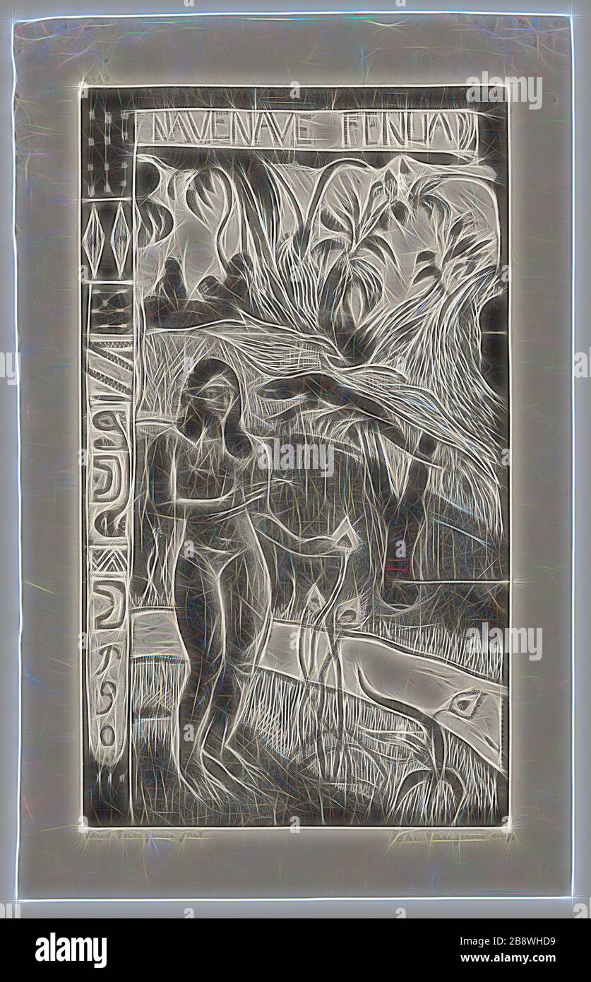 Nave Nave fenua (entzückendes Land), aus der Noa Noa Suite, 1893/94, gedruckt 1921, Paul Gauguin (Französisch, 1848-1903), gedruckt von Pola Gauguin (Dänisch, geborene Frankreich, 1883-1961), herausgegeben von Christian Cato, Kopenhagen, Frankreich, Holzblockdruck in schwarzer Tinte auf grauelfenbeinfarbenem China-Papier, 355 × 205 mm (Bild), 423 × mm (Blatt) Von Gibon neu erstelltes Design mit warmem, fröhlichem Glanz von Helligkeit und Lichtstrahlen. Klassische Kunst mit moderner Note neu erfunden. Fotografie, inspiriert vom Futurismus, die dynamische Energie moderner Technologie, Bewegung, Geschwindigkeit und Kultur revolutionieren. Stockfoto