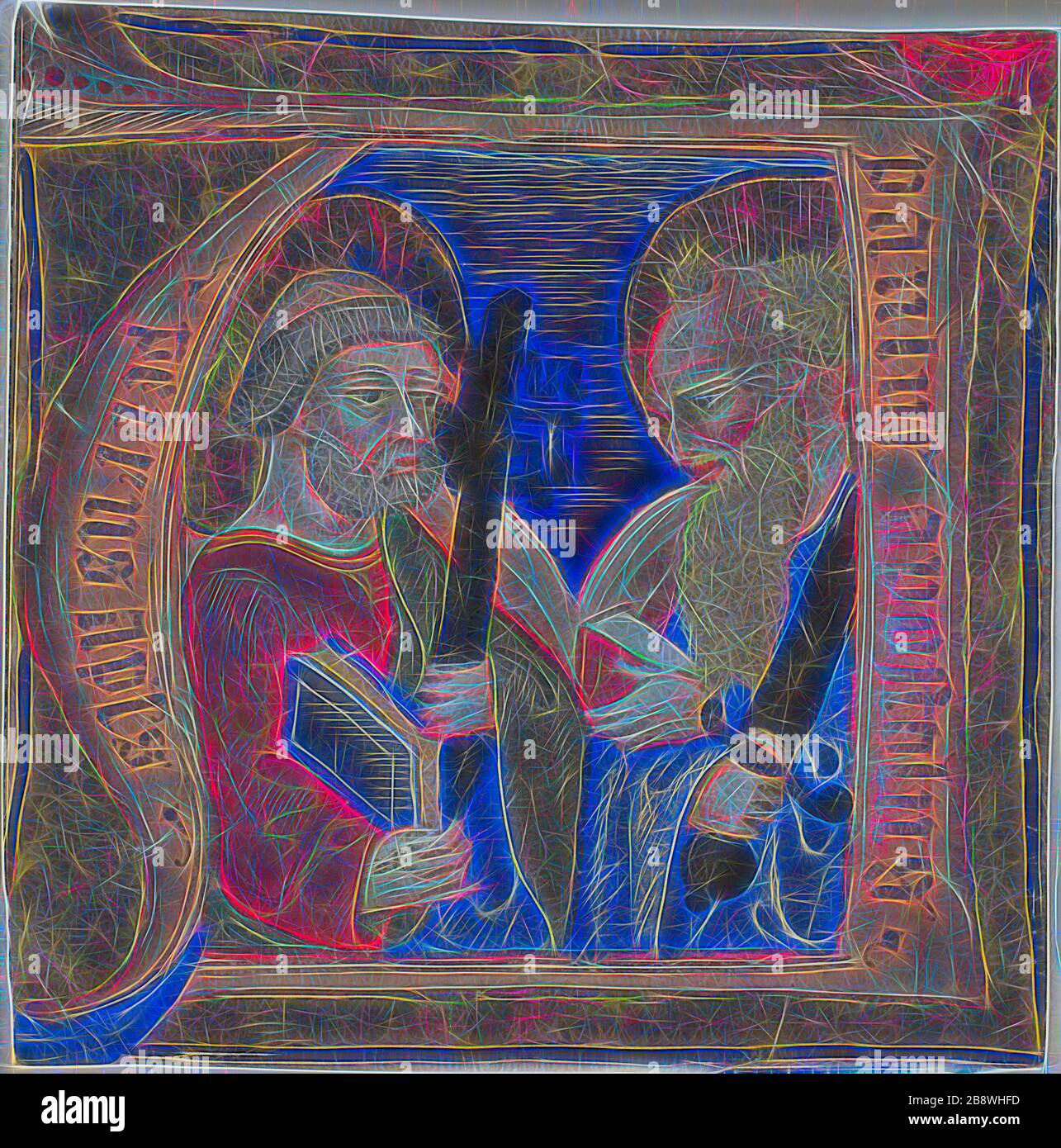 Die Heiligen Peter und Paul in einem Historiosum Initial N aus einem Choirbook, 1375/99, Italienisch, Italien, Manuskript, das in Tempera und Blattgold geschnitten wurde, mit Gothica textualis in silberner Tinte, auf Pergament, 93 x 92 mm, neu von Gibon vorgestellt, Entwurf eines warmen, fröhlichen Lichtrefults und Lichtstrahlen. Klassische Kunst mit moderner Note neu erfunden. Fotografie, inspiriert vom Futurismus, die dynamische Energie moderner Technologie, Bewegung, Geschwindigkeit und Kultur revolutionieren. Stockfoto