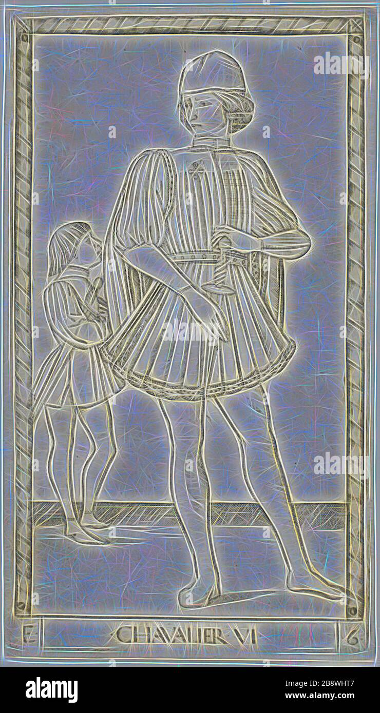 Der Ritter, hat sechs aus den Reihen und Bedingungen der Männer, c 1465, Meister der E-Serie Tarocchi, Italienisch, aktiv 1465, Italien, Gravur auf Papier, 180 x 101 mm (Platte), 183 x 104 mm (Blatt), von Gibon neu vorgestellt, Design von warmem, fröhlichem Leuchten von Helligkeit und Lichtstrahlen. Klassische Kunst mit moderner Note neu erfunden. Fotografie, inspiriert vom Futurismus, die dynamische Energie moderner Technologie, Bewegung, Geschwindigkeit und Kultur revolutionieren. Stockfoto