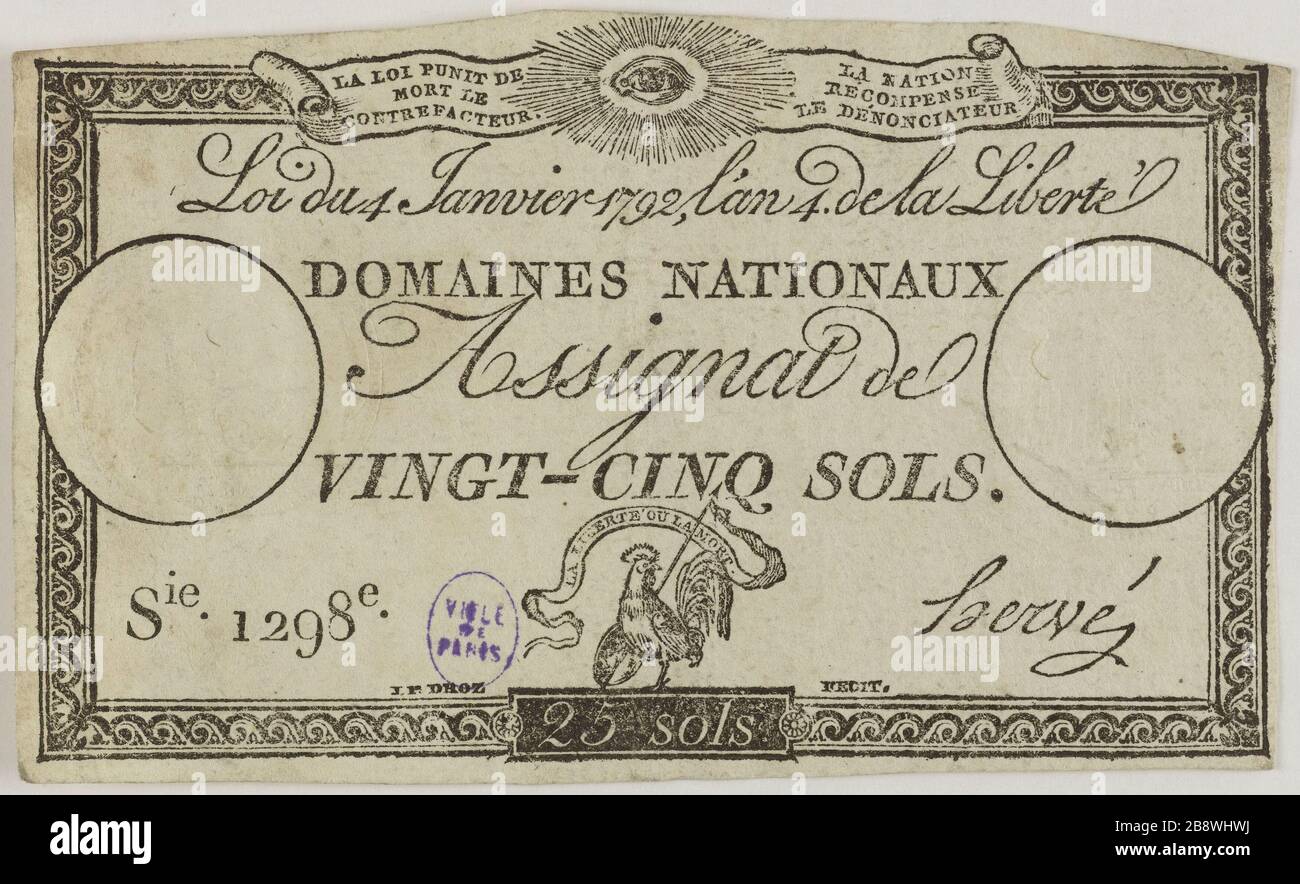 Assignat 25 Etagen, Serie 1298ME, 4. Januar, 1792 (Dummy-Titel). Jean-Pierre Droz (1746-1823) et Hervé, signataire. Assignat de 25 Sols, série 1298me, 4 janvier 1792. Typographie, encre. Paris, musée Carnavalet. Stockfoto