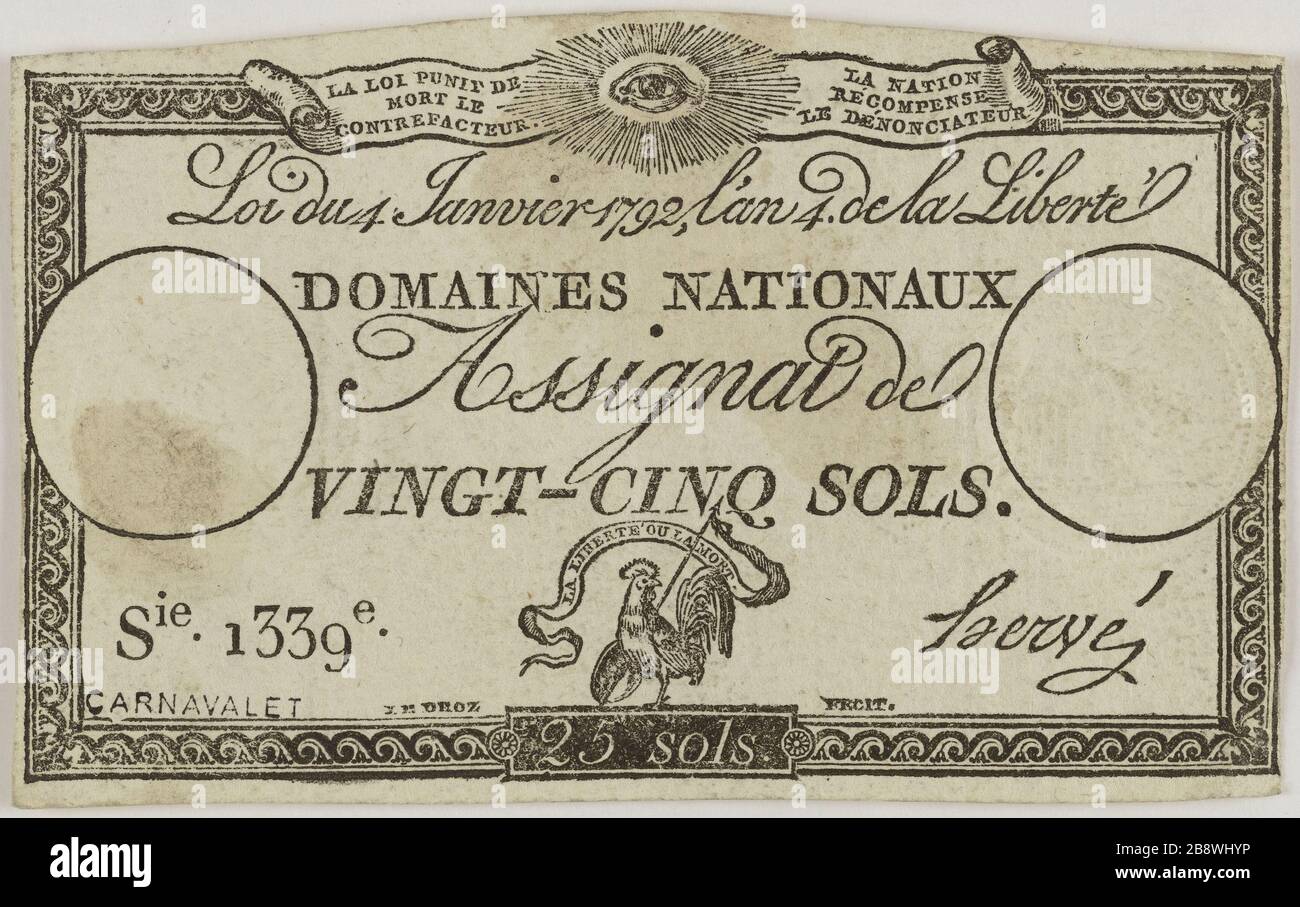 Assignat 25 Etagen, 1339ME Serie, 4. Januar, 173 (Dummy-Titel). Jean-Pierre Droz (1746-1823) et Hervé, signataire. Assignat de 25 Sols, série 1339me, 4 janvier 173. Typographie, encre. Paris, musée Carnavalet. Stockfoto