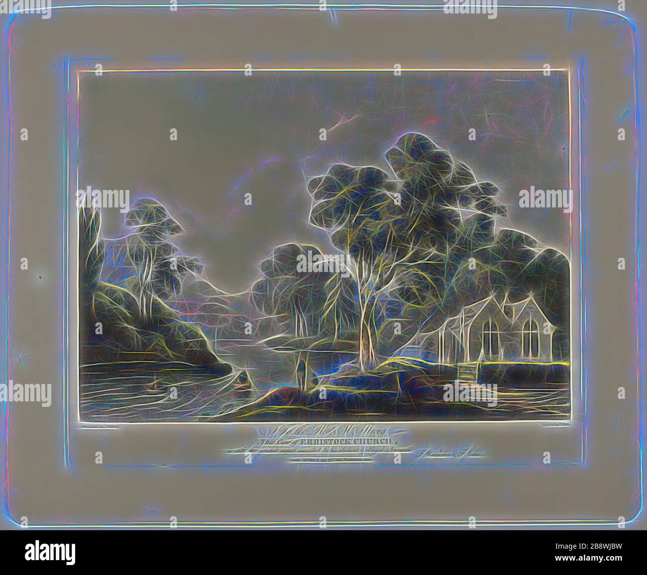 Blick auf die Erbistock-Kirche, veröffentlicht im Jahre 1744, Francis Jukes (Englisch, 1745-1812), nach Thomas Walmsley (Irisch, 1763-1806), England, Color Aquatint auf Papier, neu von Gibon vorgestellt, Design von warmem, fröhlichem Leuchten von Helligkeit und Lichtstrahlen. Klassische Kunst mit moderner Note neu erfunden. Fotografie, inspiriert vom Futurismus, die dynamische Energie moderner Technologie, Bewegung, Geschwindigkeit und Kultur revolutionieren. Stockfoto