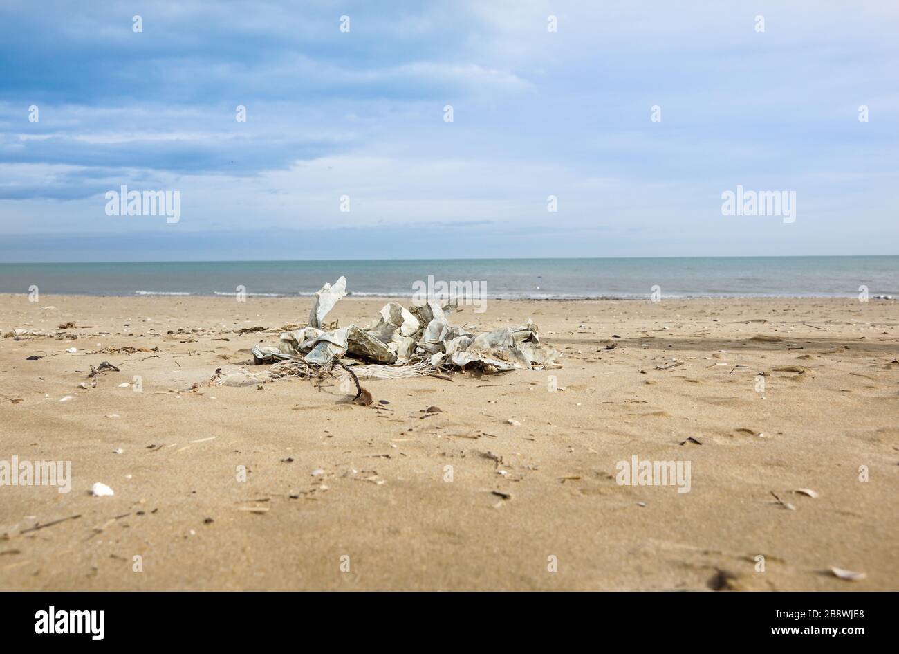 Müll am Strand. Plastikflasche auf Sand verschwenden. Stockfoto