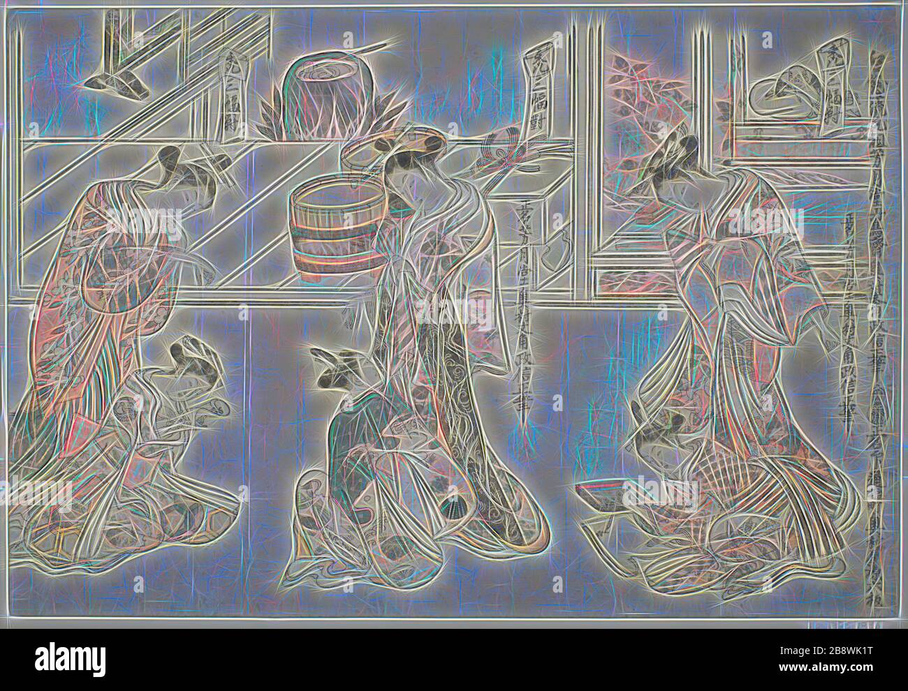 Kinderbetreuer: Ein dreier Satz (Kamuro sanpukutsui), c 1744/51, Okumura Masanobu, Japanisch, 1686-1764, Japan, Farbholzblockdruck, unbeschnittenes Hosoban-Triptychon, benizuri-e, 29,9 x 43,9 cm (11 3/4 x 17 Zoll), von Gibon neu vorgestellt, Design von warmem, fröhlichem Leuchten von Helligkeit und Lichtstrahlen. Klassische Kunst mit moderner Note neu erfunden. Fotografie, inspiriert vom Futurismus, die dynamische Energie moderner Technologie, Bewegung, Geschwindigkeit und Kultur revolutionieren. Stockfoto