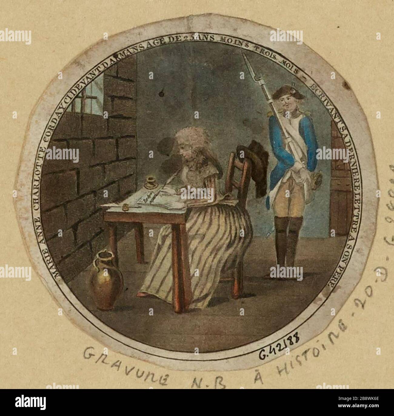 Marie-Anne Charlotte Corday es vor Darmans im Alter von 25 mindestens drei Monaten - und schrieb seinen letzten Brief an seinen Vater Stockfoto