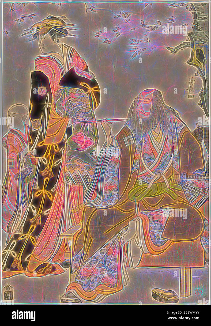 Die Schauspieler Ichikawa Danjuro V als Hige no Ikyu, Nakamura Riko als Agemaki und Ichikawa Ebizo als Agemakis Begleiter in dem Stück Sukeroku Yukari no Edozakura im Nakamura Theater im dritten Monat, um die Jahre 1732-1815, um den Block von Japan, um den rechten Block von Odiphii Kiyonaga, Japanisch, 1752-1815, drucken. 35,4 x 24,4 cm (rechtes Blatt), von Gibon neu vorgestellt, Design von warmfröhlichem Leuchten von Helligkeit und Lichtstrahlen. Klassische Kunst mit moderner Note neu erfunden. Fotografie, inspiriert vom Futurismus, die dynamische Energie moderner Technologie, Bewegung, Geschwindigkeit und Kultur revolutionieren. Stockfoto