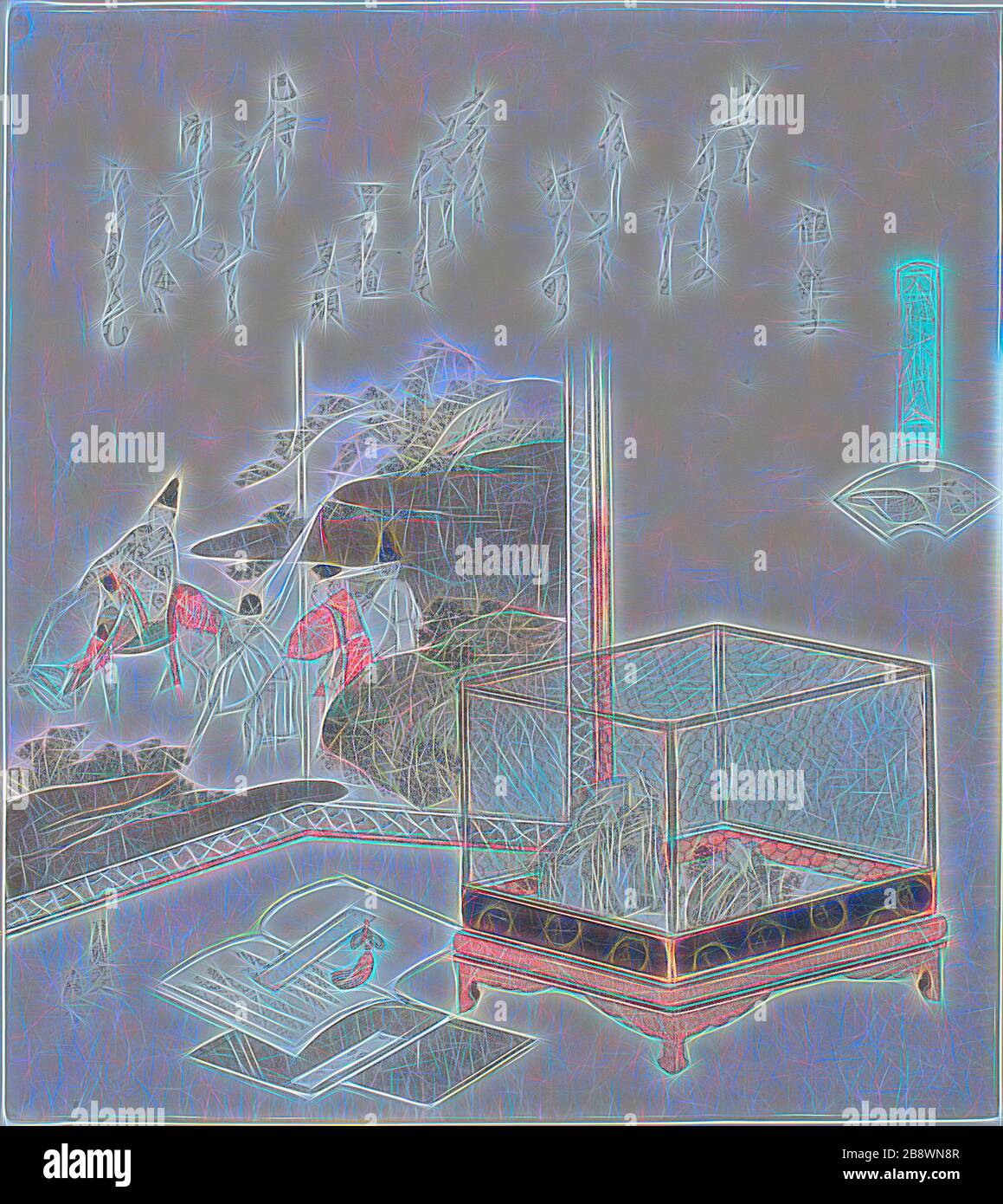 Frogs in a Cage before a Painted Screen, Illustration for the Dry-Shallows Shell (Minasegai), from the Series A Matching Game with Genroku-period poem shells (Genroku kasen kai Awase), 181, Katsushika Hokusai ?? ??, Japanisch, 170-1849, Japan, Farbholzholzmuster mit Metallpigmenten, Surimono shikishiban, 19,9 x 17,9 cm, von Gibon neu vorgestellt, Design von warmfröhlichem Leuchten von Helligkeit und Lichtstrahlen. Klassische Kunst mit moderner Note neu erfunden. Fotografie, inspiriert vom Futurismus, die dynamische Energie moderner Technologie, Bewegung, Geschwindigkeit und Kultur revolutionieren. Stockfoto