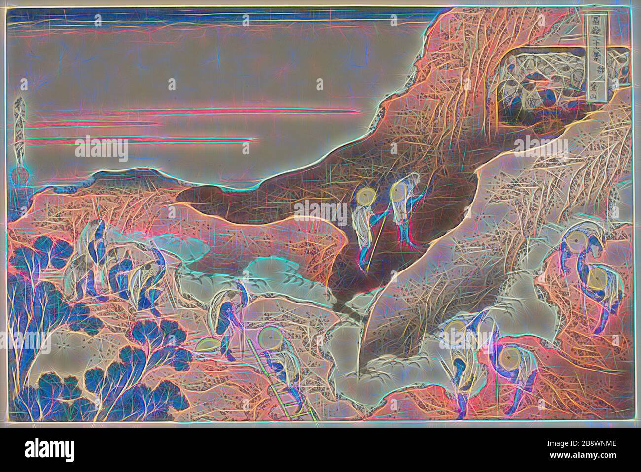 Gruppen von Bergsteigern (Shojin tozan), aus der Serie sechsunddreißig Ansichten des Fuji (Fugaku sanjurokkei), c 1830/33, Katsushika Hokusai ?? ??, Japanisch, 1760-1849, Herausgeber: Hibino Yohachi, Japanisch, unbekannt, Japan, Farbholzschnittdruck, oban, 24,6 x 37 cm (9 5/8 x 14 9/16 Zoll), von Gibon neu vorgestellt, Design von warmem, fröhlichem Leuchten von Helligkeit und Lichtstrahlen. Klassische Kunst mit moderner Note neu erfunden. Fotografie, inspiriert vom Futurismus, die dynamische Energie moderner Technologie, Bewegung, Geschwindigkeit und Kultur revolutionieren. Stockfoto