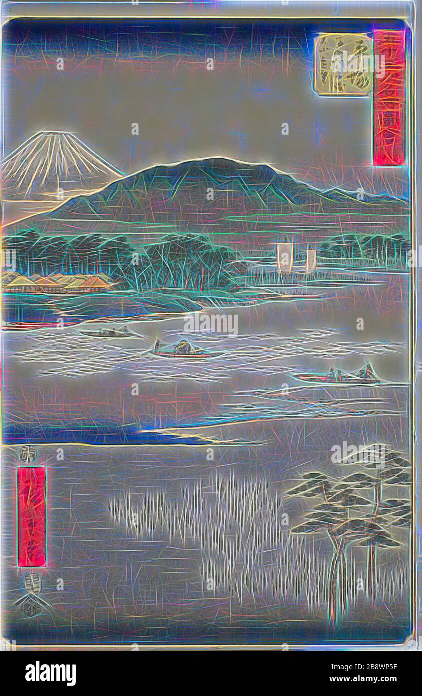 Hiratsuka: Fähre auf dem Banyu River und Fernblick auf den Mount Oyama (Hiratsuka, Banyugawa funewatashi Oyama enbo), nein 8 aus der Serie berühmte Sehenswürdigkeiten der dreiundfünfzig Stationen (Gojusan tsugi meisho zue), auch bekannt als die vertikale Tokaido-Station, im Jahr 1855, Utagawa Hiroshige ?? ??, Japanisch, 177-1858, Japan, Farbholzholzmuster, oban, 35,6 x 23 cm (14 x 9 1/16 in.), von Gibon neu vorgestellt, Design von warmfröhlichem Leuchten von Helligkeit und Lichtstrahlen. Klassische Kunst mit moderner Note neu erfunden. Fotografie, inspiriert von Futurismus, mit dynamischer Energie moderner Technologie, Bewegung, Geschwindigkeit und Stockfoto