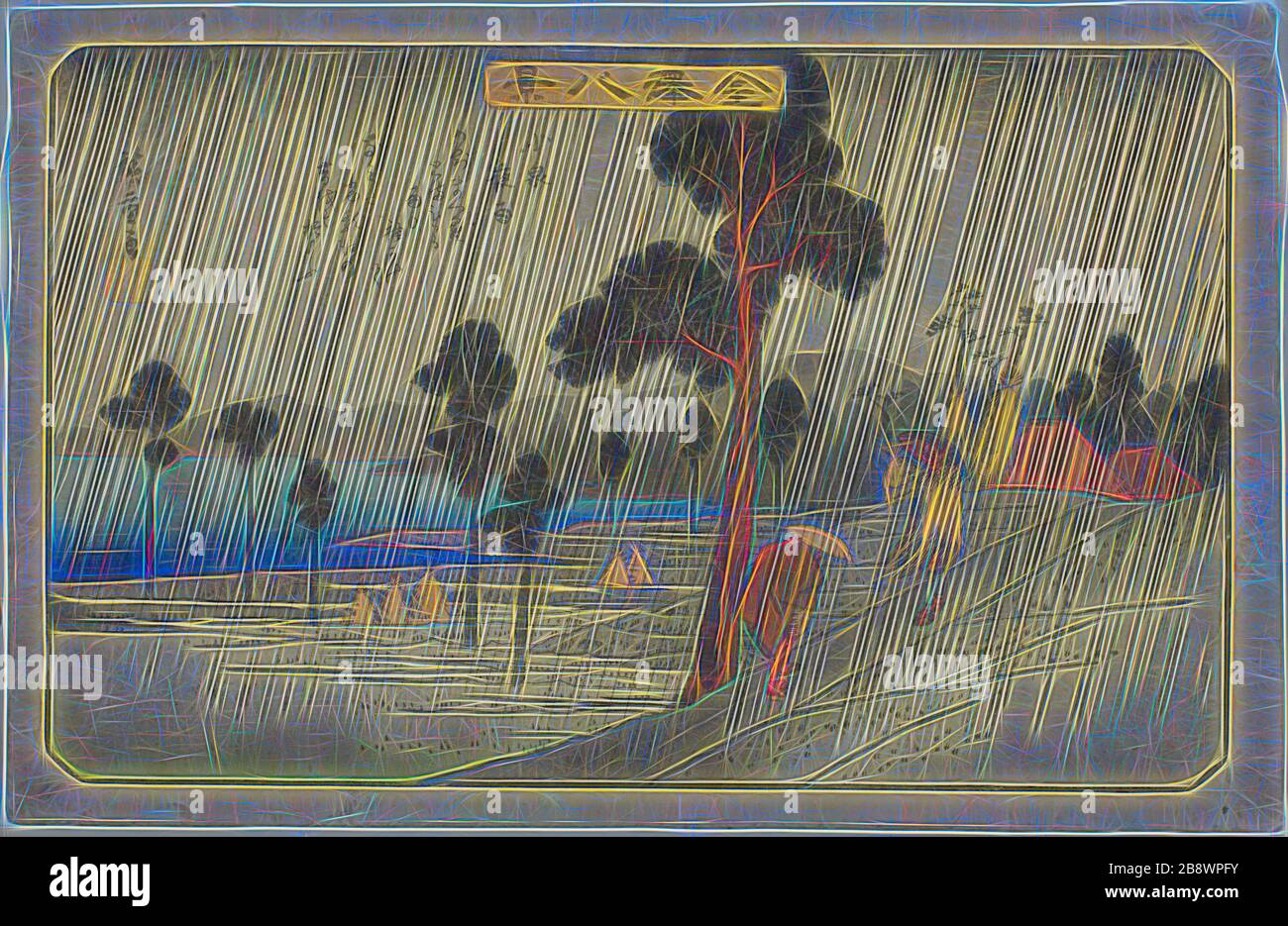 Abendregen in Koizumi (Koizumi yau), aus der Serie acht Ansichten von Kanazawa (Kanazawa hakkei), c. 1835/36, Utagawa Hiroshige ?? ??, Japanisch, 177-1858, Japan, Farbholzholzmuster, oban, 24,5 x 38,1 cm (9 5/8 x 15 Zoll), von Gibon neu vorgestellt, Design von warmfröhlichem Leuchten von Helligkeit und Lichtstrahlen. Klassische Kunst mit moderner Note neu erfunden. Fotografie, inspiriert vom Futurismus, die dynamische Energie moderner Technologie, Bewegung, Geschwindigkeit und Kultur revolutionieren. Stockfoto