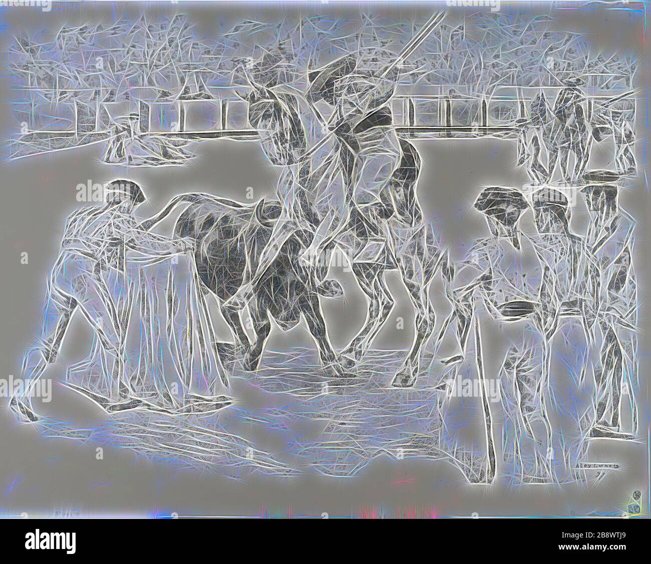 Bull-Fight, 1897, Alexandre Lunois, Französisch, 1865-1916, Frankreich, lithograph in Schwarz und Grau auf grauem-elfenbeinfarbenem China-Papier, 440 × 590 mm (Bild), 482 × 610 mm (Blatt), von Gibon neu vorgestellt, Design von warmem, fröhlichem Leuchten von Helligkeit und Lichtstrahlen. Klassische Kunst mit moderner Note neu erfunden. Fotografie, inspiriert vom Futurismus, die dynamische Energie moderner Technologie, Bewegung, Geschwindigkeit und Kultur revolutionieren. Stockfoto