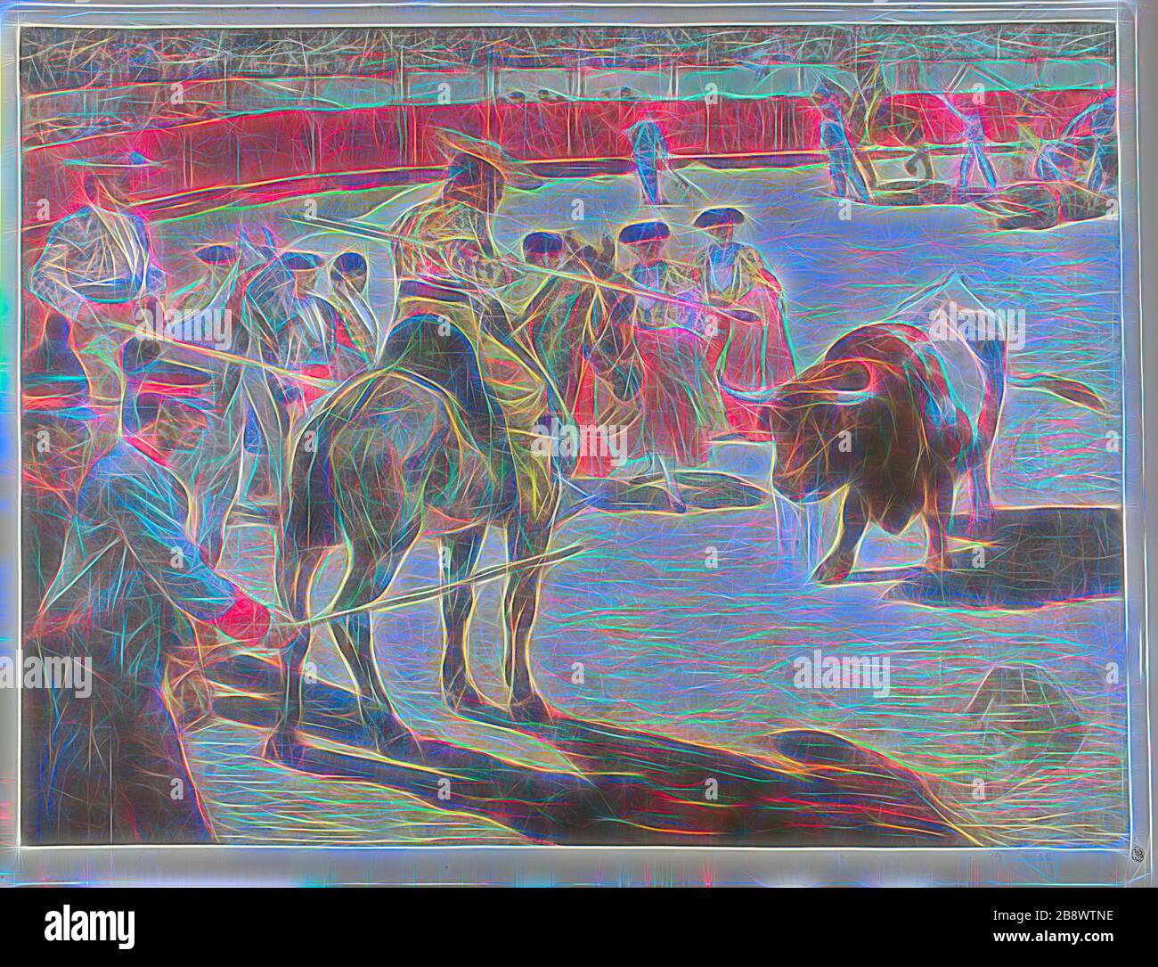 Bull-Fight, 1897, Alexandre Lunois, Französisch, 1865-1916, Frankreich, lithograph in Schwarz, Gelb, Rot, Blau, Purpurbraun und hellgrün auf China-Papier aus grauem Elfenbein, 451 × 604 mm (Bild), 480 × 625 mm (Blatt), von Gibon neu vorgestellt, Design von warmem, fröhlichem Leuchten von Helligkeit und Lichtstrahlen. Klassische Kunst mit moderner Note neu erfunden. Fotografie, inspiriert vom Futurismus, die dynamische Energie moderner Technologie, Bewegung, Geschwindigkeit und Kultur revolutionieren. Stockfoto