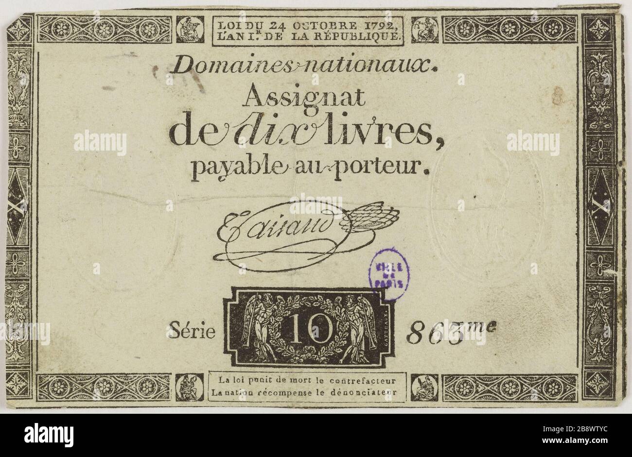 Assignat 10 Pfund, 863ME-Serie, 24. Oktober 173 (Dummy-Titel). Nicolas-Marie Gatteaux (1751-1832) et Taisaud, signataire. Assignat de 10 livres, série 863me, 24 octobre, 173. Typographie, encre. Paris, musée Carnavalet. Stockfoto