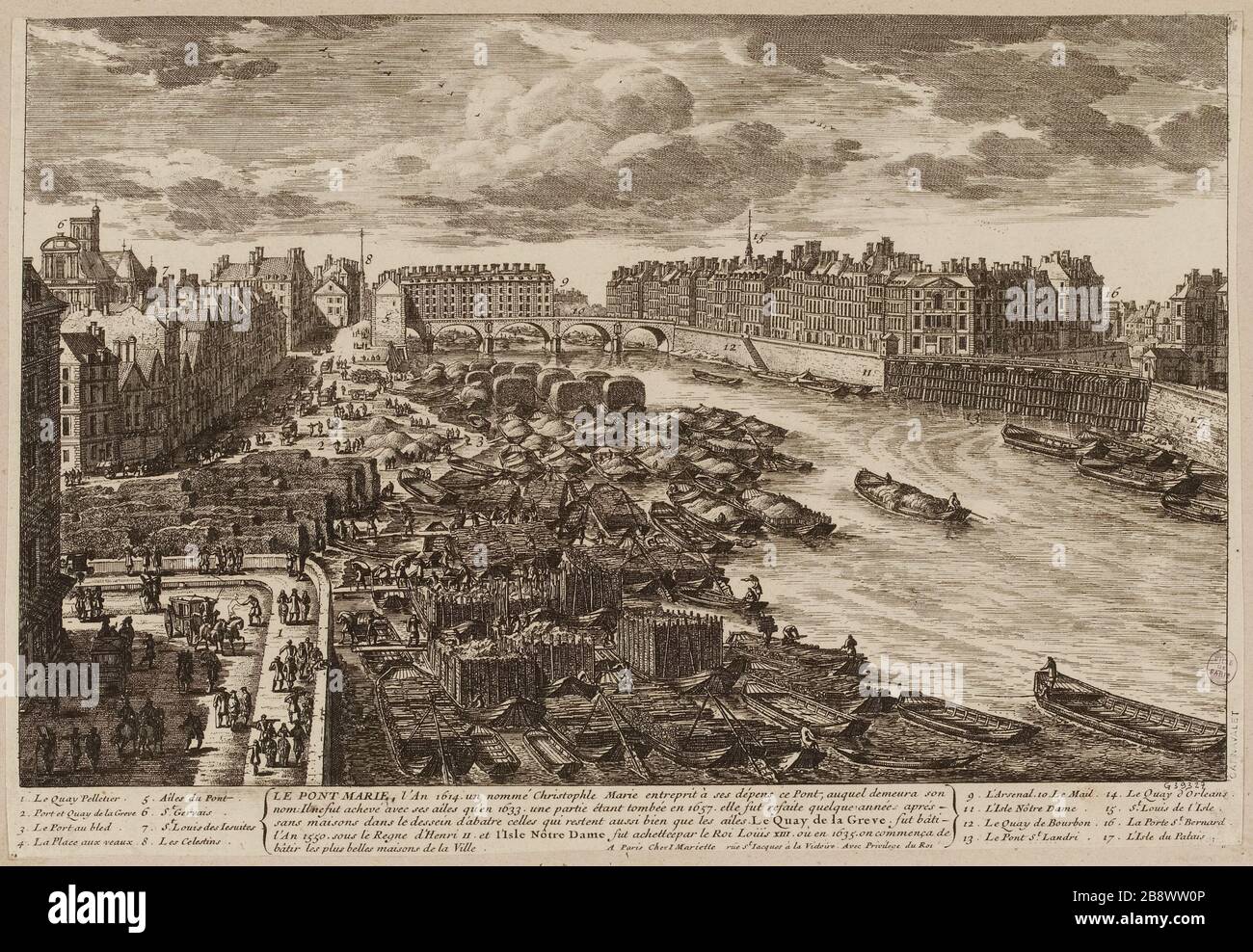Die Pont Marie, die Plattform des Streiks und die Spitze der Ile Saint-Louis Stockfoto