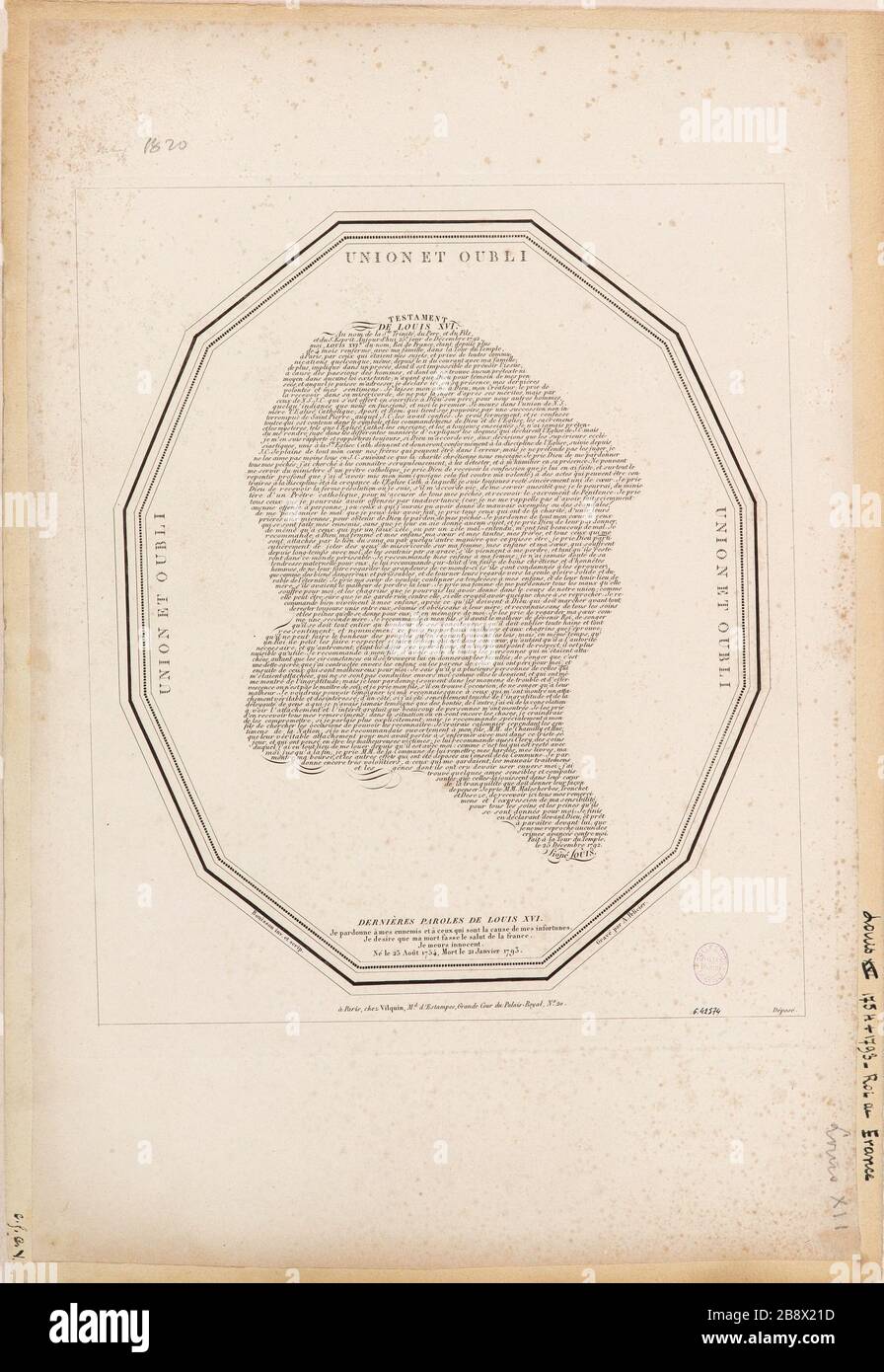 Union und Oblivion / Testamente von Ludwig XVI. // Letzte Worte von Ludwig XVI Stockfoto