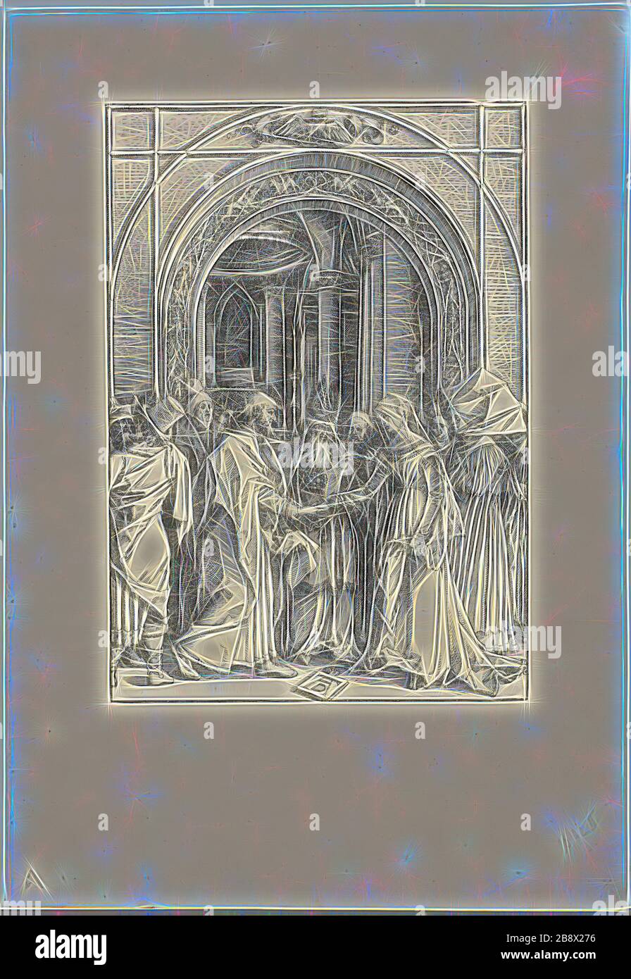 Das Betrothal der Jungfrau, aus dem Leben der Jungfrau, c 1504, erschienen 1511, Albrecht Dürer, deutsch, 1471-1528, Deutschland, Holzschnitt in Schwarz auf elfenbeinfarbenem Laienpapier, 297 x 208 mm (Bild), 448 x 309 mm (Blatt), von Gibon neu erdacht, Entwurf von warmfröhlichem Leuchten von Helligkeit und Lichtstrahlen. Klassische Kunst mit moderner Note neu erfunden. Fotografie, inspiriert vom Futurismus, die dynamische Energie moderner Technologie, Bewegung, Geschwindigkeit und Kultur revolutionieren. Stockfoto