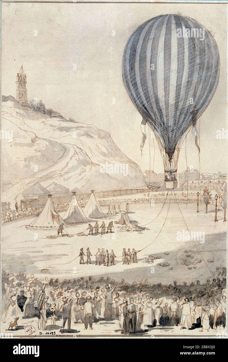 PARIS - PARISER HAUPTQUARTIER - DER KUGELBEOBACHTER "Le Ballon Captif d'Observation". Anonyme. Paris, musée Carnavalet. Stockfoto