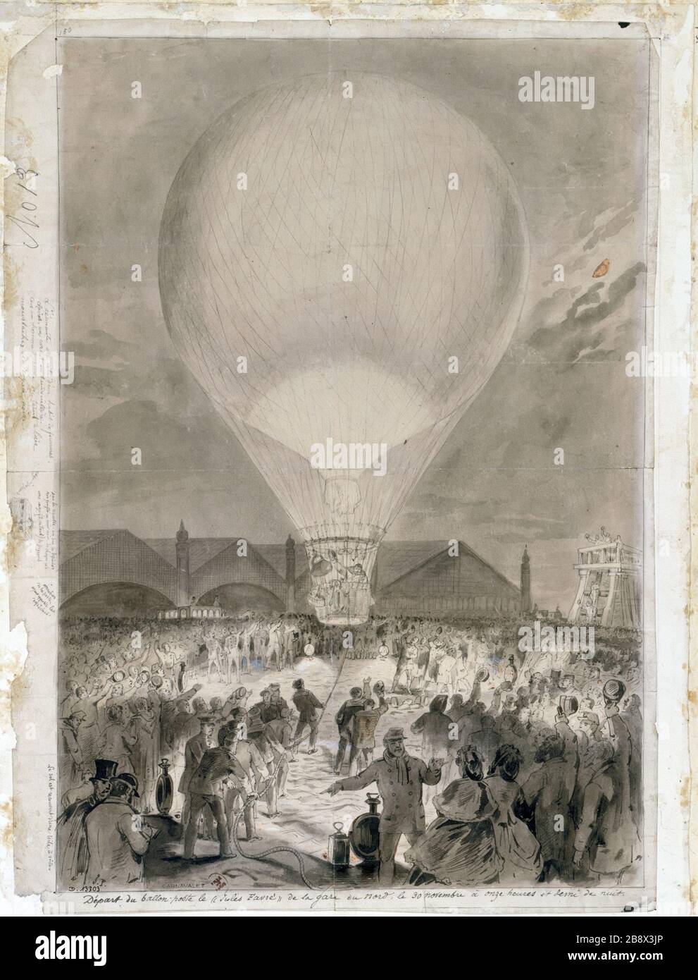 PARIS - PARISER HAUPTSITZ - ABFAHRT DER KUGELPOST "THE JULES-FAVRE 'Départ du ballon-poste le Jules-Favre de la gare du Nord le 30 novembre 1870 à onze heures et demie, de nuit". Paris, musée Carnavalet. Stockfoto