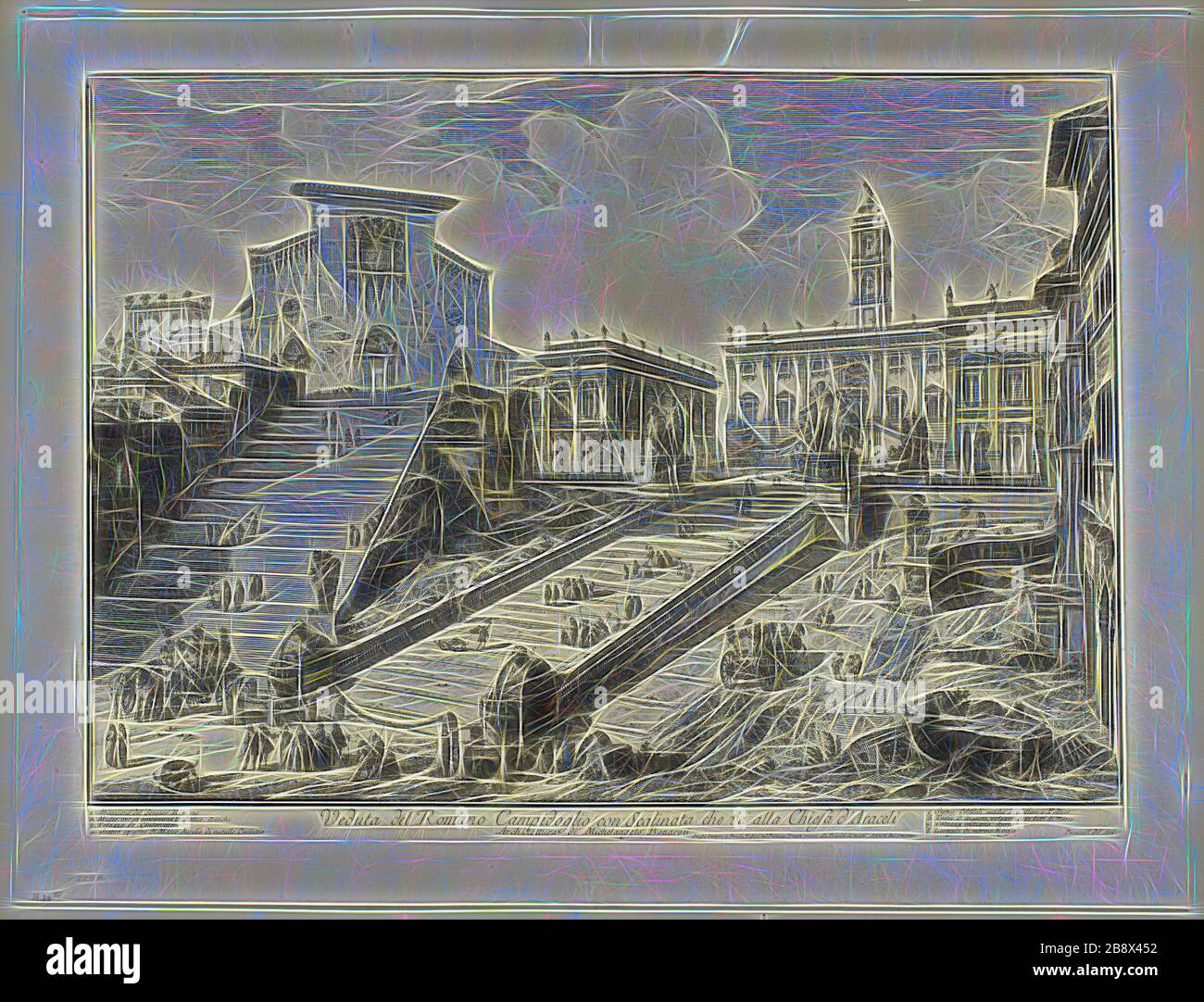 Blick auf den Kapitolinenhügel mit den Stufen zur Kirche S. Maria in Aracoelis, von Ansichten von Rom, 1750/59, Giovanni Battista Piranesi, Italienisch, 1720-798, Italien, Radierung auf schwerem Elfenbein verlegtem Papier, 384 x 540 mm (Bild), 405 x 547 mm (Platte), 470 x 613 mm (Blatt), Von Gibon neu erstelltes Design mit warmem, fröhlichem Glanz von Helligkeit und Lichtstrahlen. Klassische Kunst mit moderner Note neu erfunden. Fotografie, inspiriert vom Futurismus, die dynamische Energie moderner Technologie, Bewegung, Geschwindigkeit und Kultur revolutionieren. Stockfoto