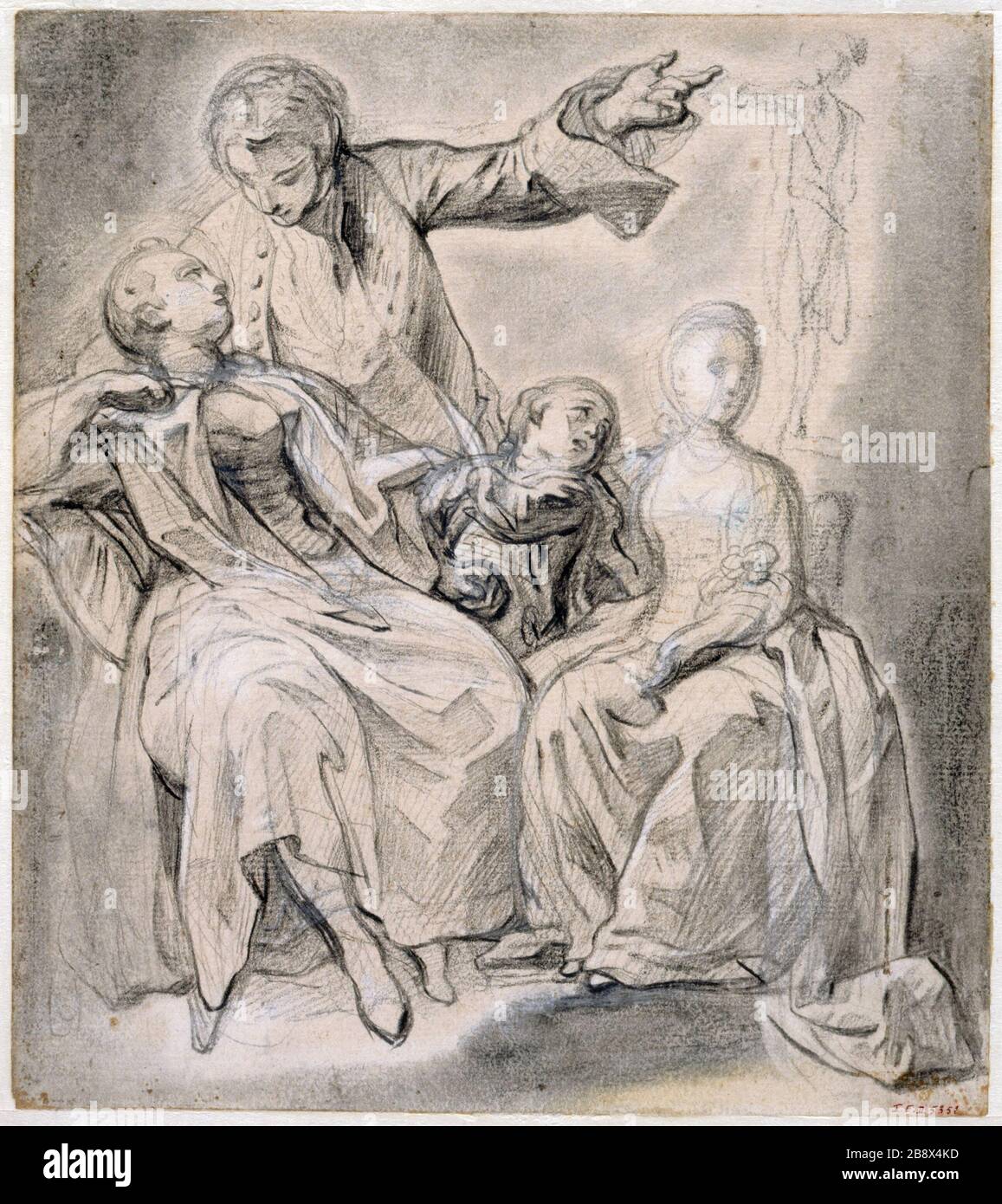 GABRIEL DE SAINT-AUBIN - FAMILIE - GRUPPE VIER CHARAKTERE 'une famille, groupe de quatre personnages' dessin de Gabriel de Saint-Aubin (1724-1780). Paris, musée Carnavalet. Stockfoto