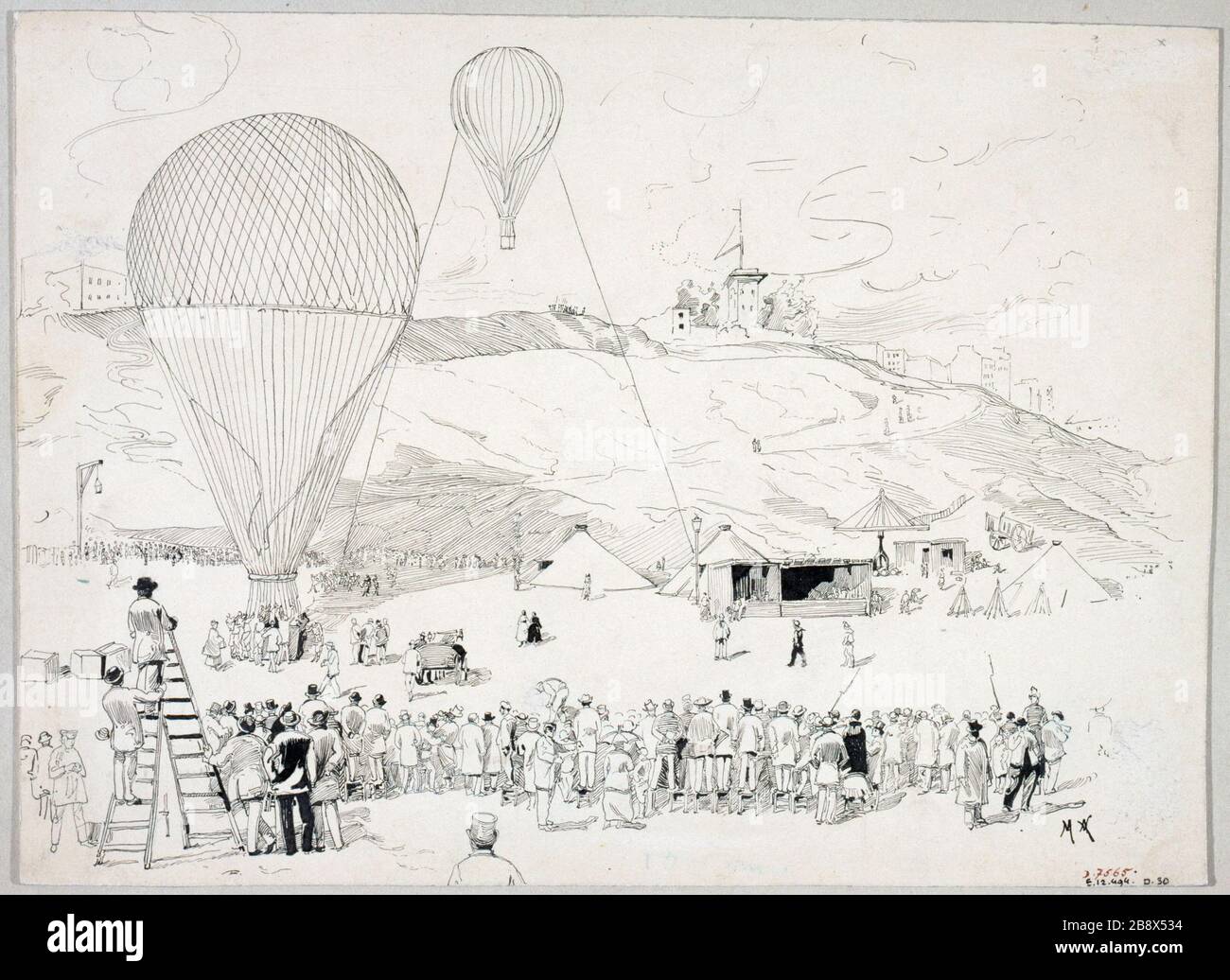 PARIS - PARISER HAUPTSITZ - START DES BALLS "NEPTUNE 'Départ du ballon Le Neptune de la Place Saint-Pierre de Montmartre, le 23 septembre 1870". Anonyme. Paris, musée Carnavalet. Stockfoto